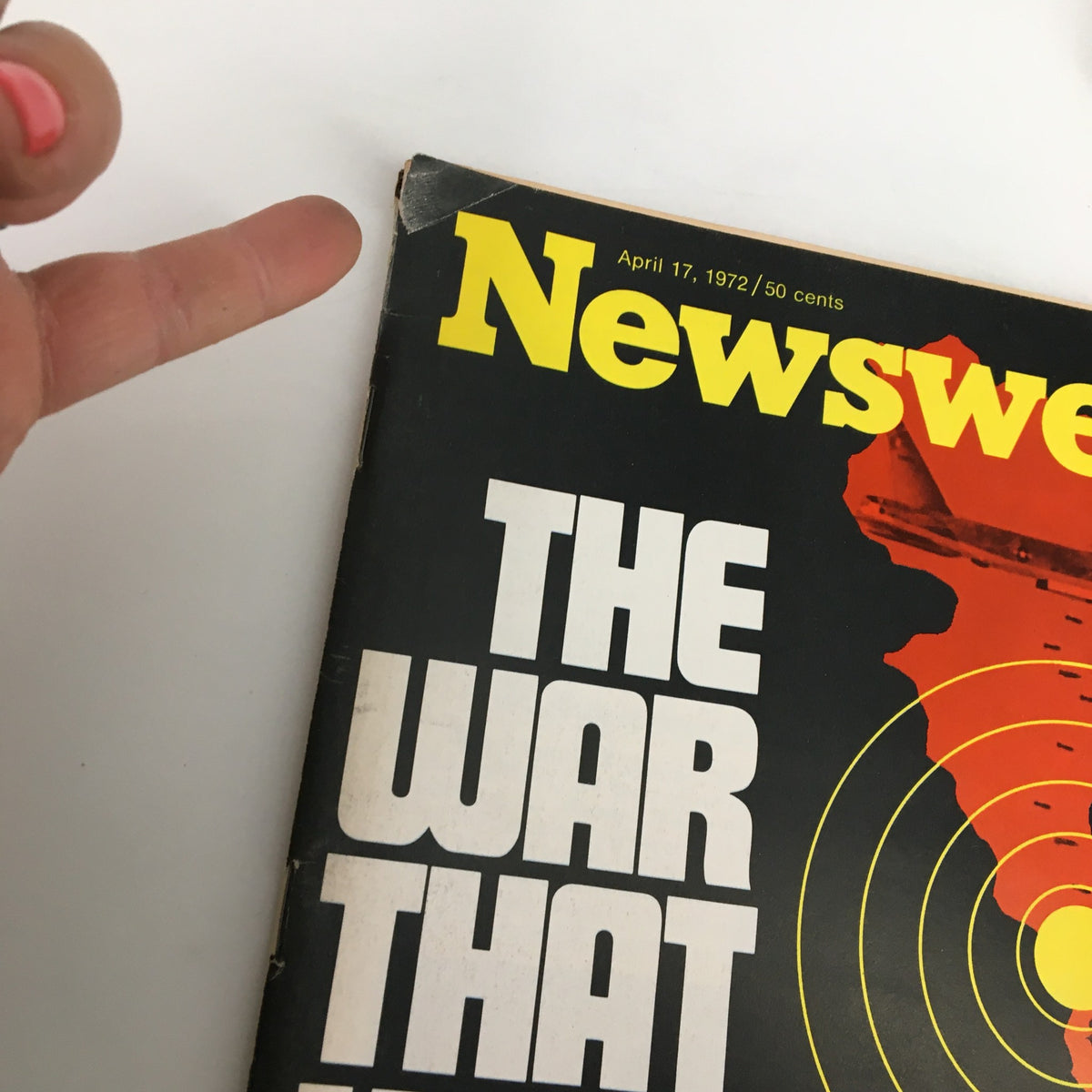 Close-up of the top section of the VTG Newsweek Magazine April 17, 1972, highlighting the title "The War That Won't Go Away" and its distinct cover design.