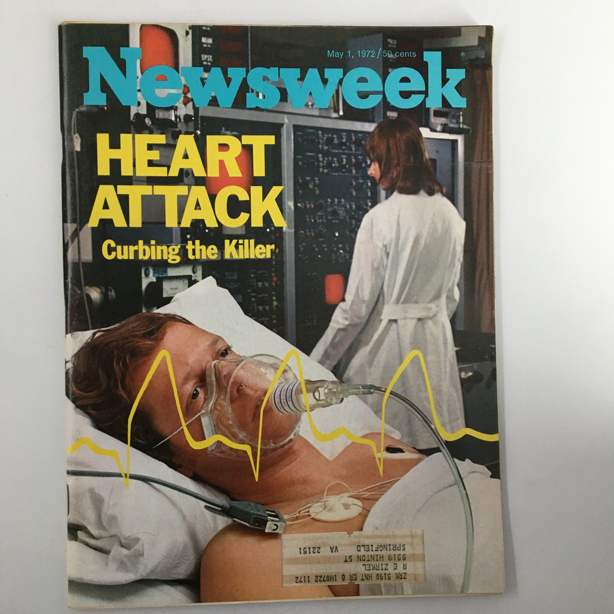 VTG Newsweek Magazine May 1 1972 cover featuring the title "Heart Attack: Curbing the Killer" with a medical scene showing a patient with monitoring equipment, showcasing the magazine's focus on heart health and medical advancements.
