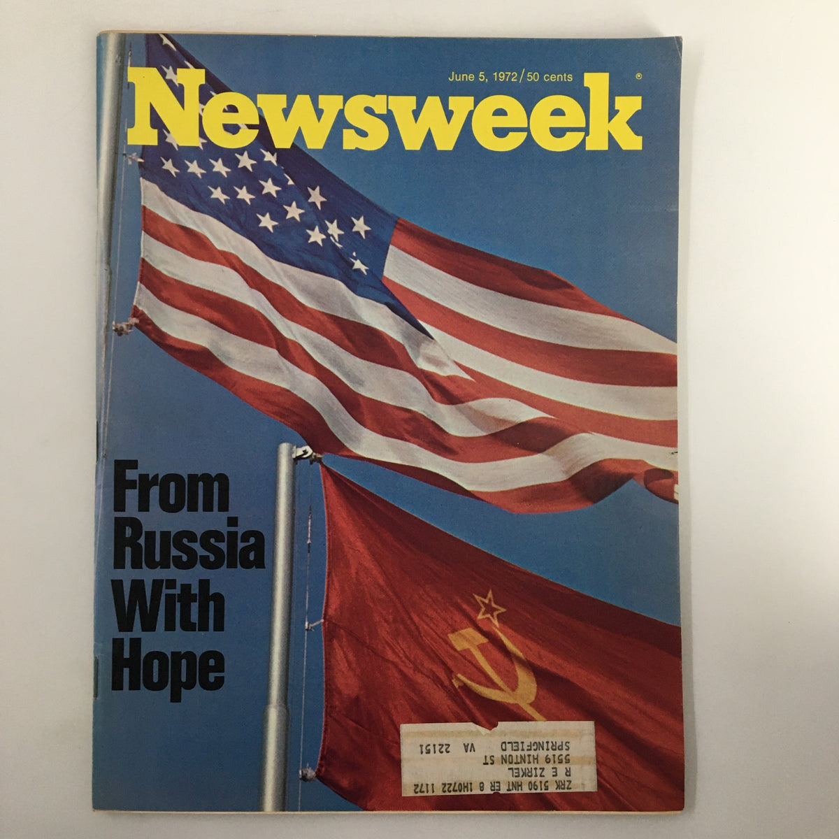 Cover of the vintage Newsweek magazine from June 5, 1972, titled 'From Russia With Hope', featuring American and Soviet flags prominently displayed, symbolizing Cold War themes.