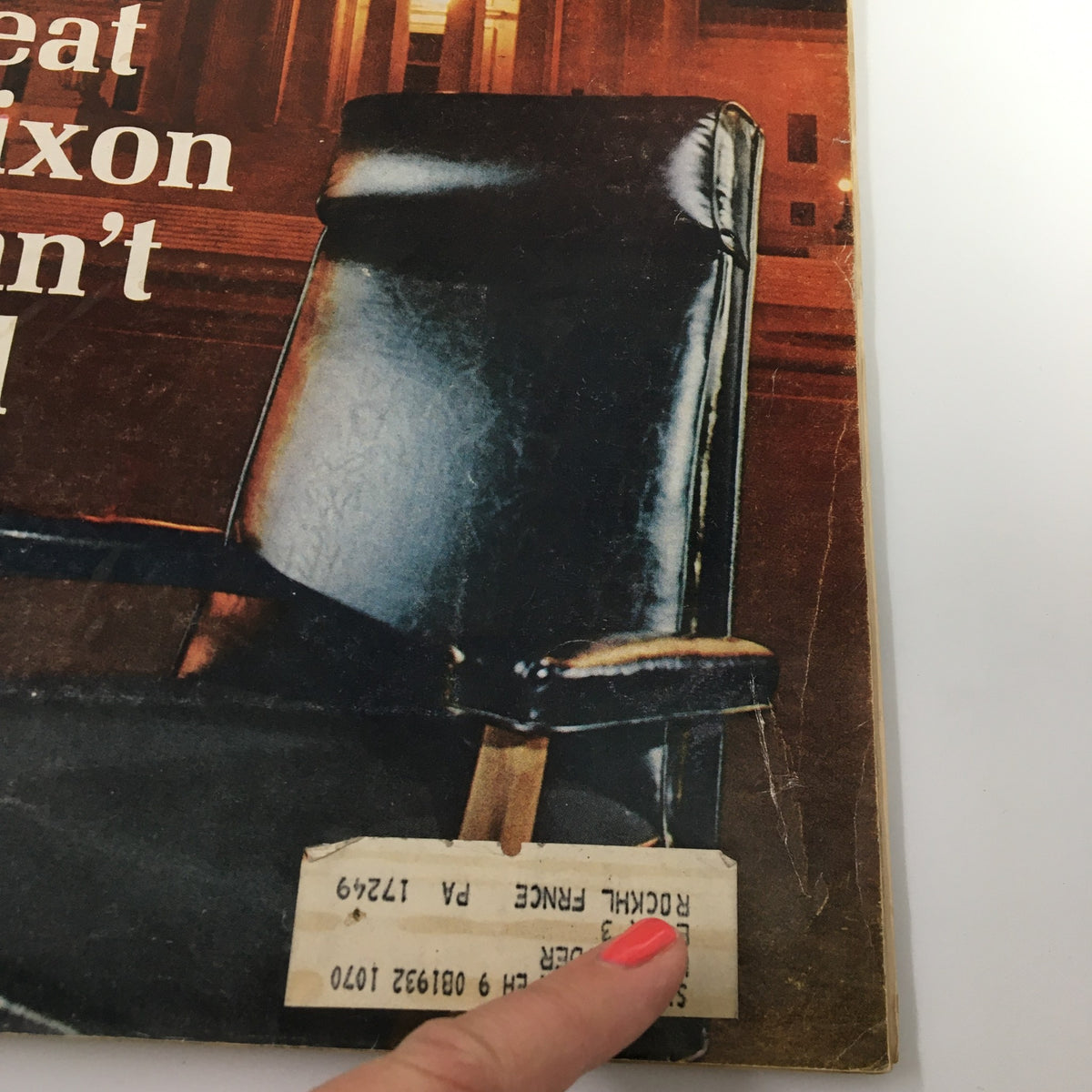 Cover of the vintage Newsweek magazine from April 20, 1970, titled 'The Seat Richard Nixon Can't Fill', featuring a detailed image of an empty leather chair and a price label with its historical context.