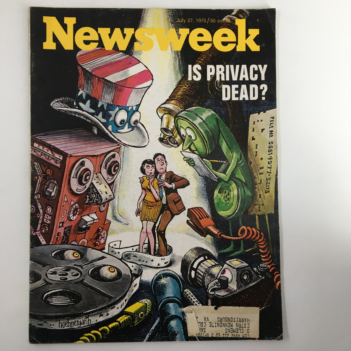 Cover of the vintage Newsweek magazine from July 27, 1970, titled 'Is Our Privacy Dead?' featuring illustrations highlighting concerns over privacy in a technological world.