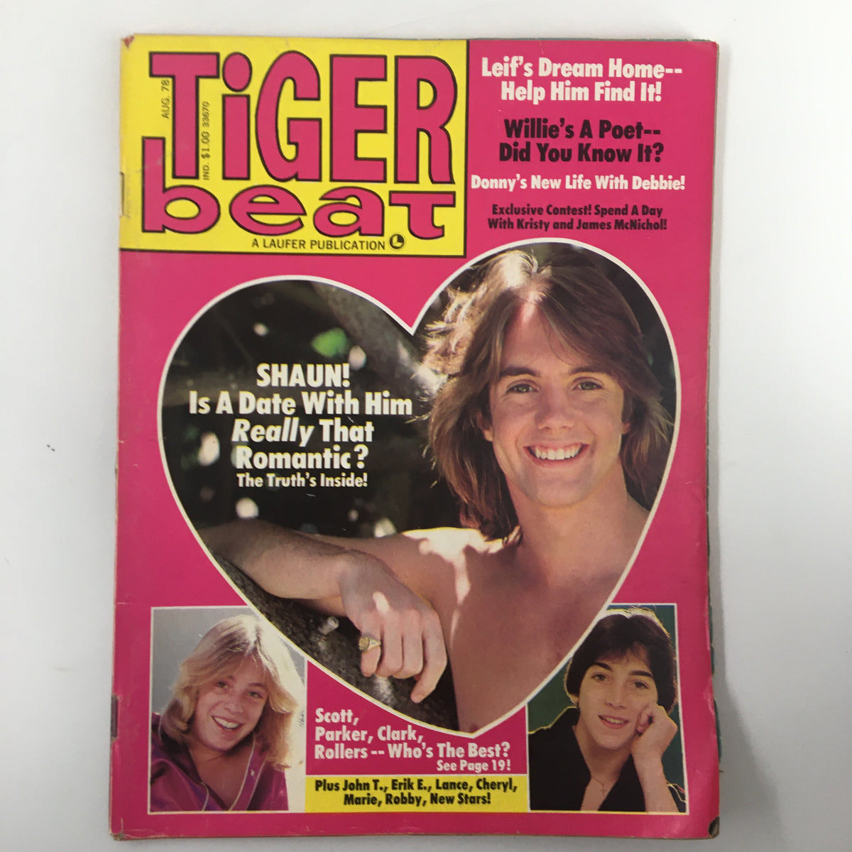 Cover of VTG Tiger Beat Magazine August 1978 featuring a heart-shaped portrait of Shaun Cassidy with the headline 'A Date With Him Really That Romantic?'. Nostalgic vintage teen magazine.