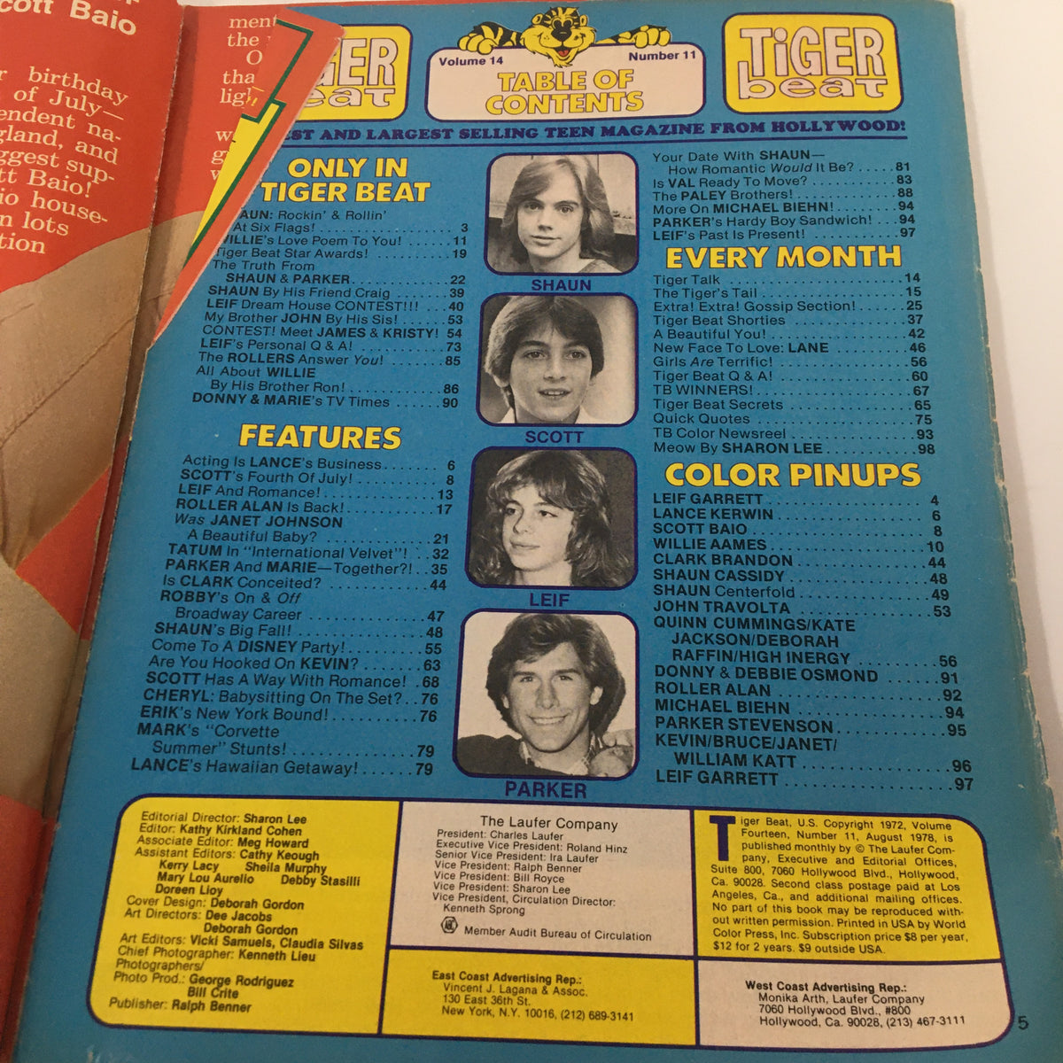 Back cover and table of contents of VTG Tiger Beat Magazine August 1978 displaying featured articles and color pinups of popular teen idols including Shaun and Scott.