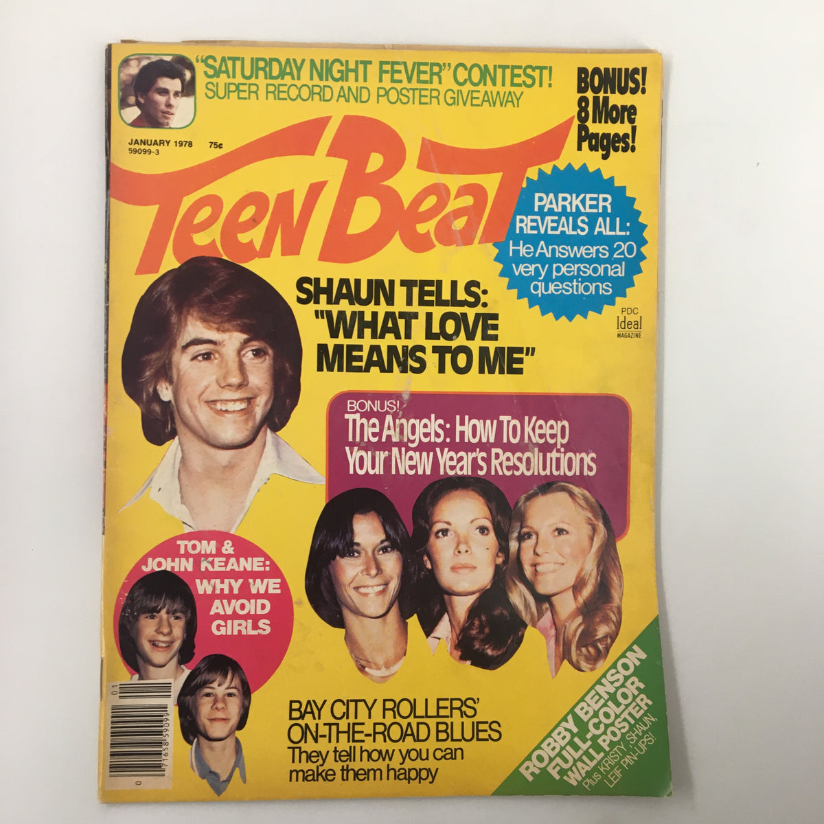 VTG Teen Beat Magazine January 1978 cover featuring Shaun Cassidy and the cast of Charlie's Angels, showcasing iconic pop culture from the 1970s.