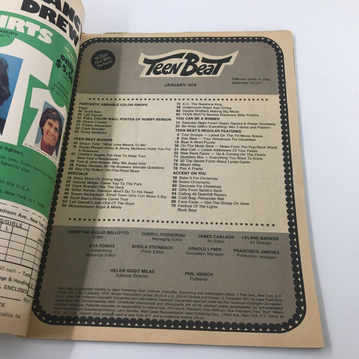 Inside page of VTG Teen Beat Magazine January 1978, displaying the content list and articles including features on Shaun Cassidy and other teen icons.