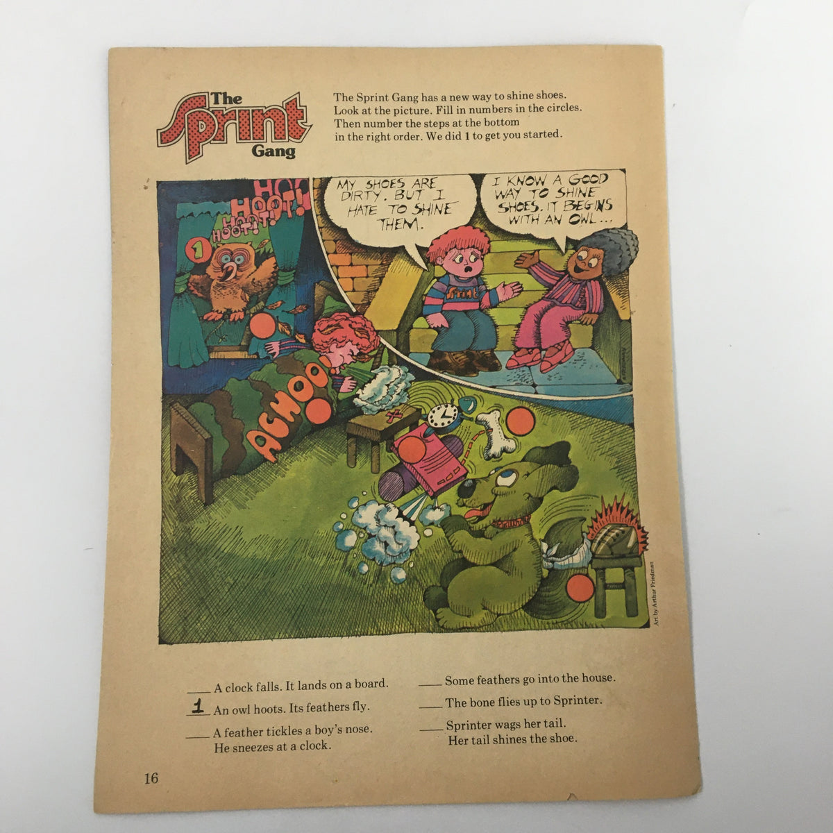 Vintage image from VTG Scholastic Scholar Magazine February 24 1976 featuring a colorful illustration of children, animals, and activities related to shoe shining, capturing the playful and educational essence of the 1970s.