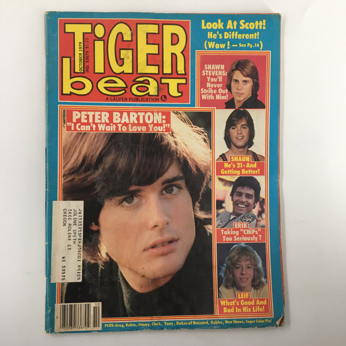 Cover of the VTG Tiger Beat Magazine October 1979 featuring Peter Barton, Shawn Stevens, and Shaun Cassidy, showcasing the pop culture of the late 70s.
