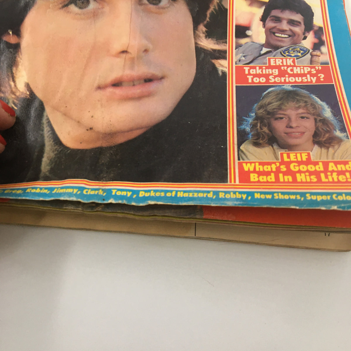 Close-up view of the VTG Tiger Beat Magazine October 1979 cover highlighting Peter Barton and other teen idols, emphasizing the vintage teen magazine culture.