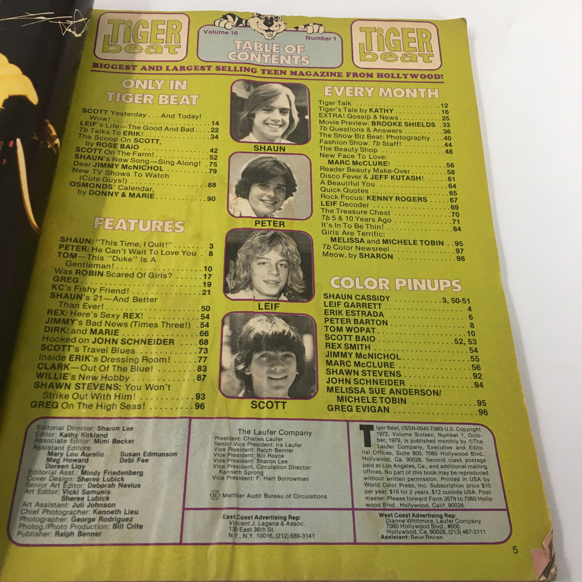 Table of Contents from the VTG Tiger Beat Magazine October 1979, listing features and color pinups of popular teen celebrities from the era.