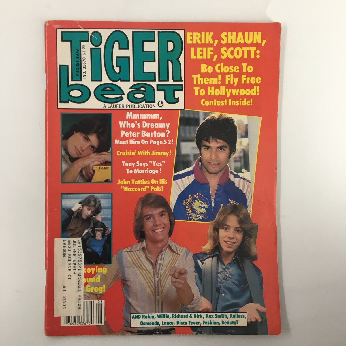 Cover of the August 1979 Tiger Beat Magazine featuring Erik, Shaun, Leif, and Scott. The magazine promotes exclusive interviews and contests while showcasing popular teen heartthrobs of the era.