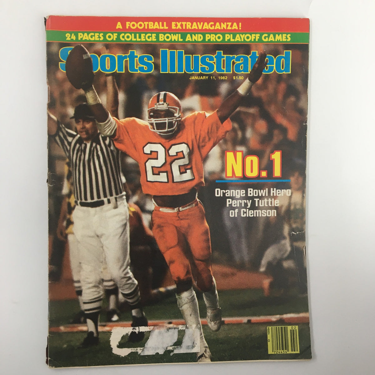 Cover of Sports Illustrated magazine from January 11, 1982 featuring Orange Bowl Hero Perry Tuttle, wearing jersey number 22, celebrating a victory with a referee in the background. This vintage magazine encapsulates pivotal moments in college football history.