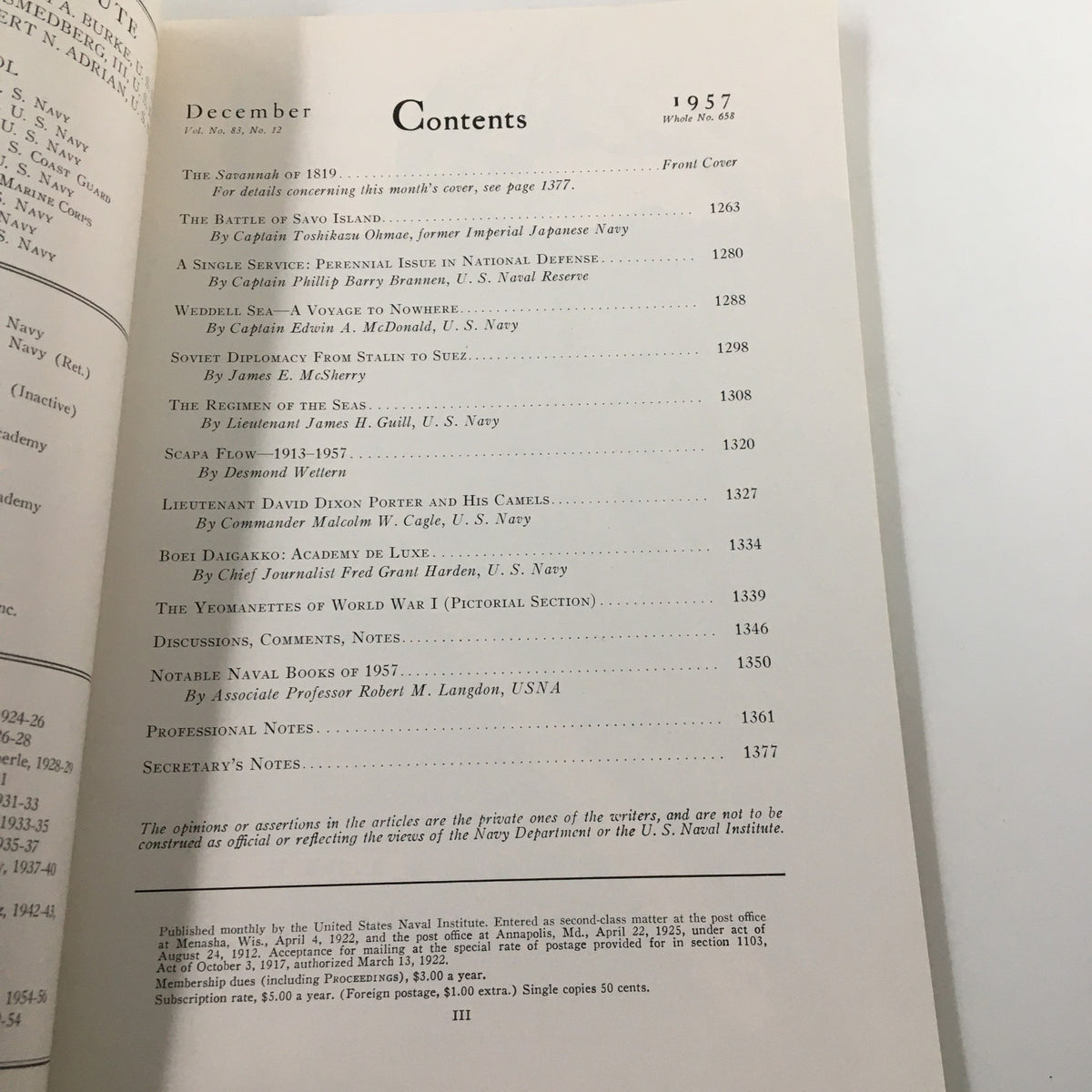 Contents page of VTG United States Naval Institute Proceedings, December 1957, detailing articles including 'The Savannah of 1819'.