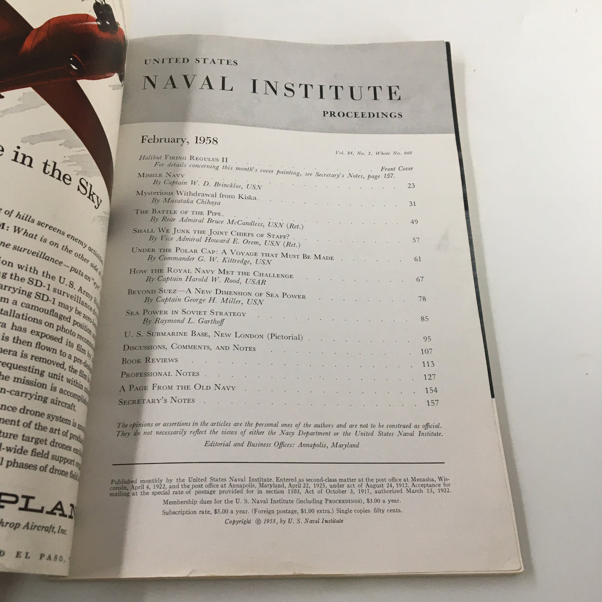 Interior page of the United States Naval Institute Proceedings, February 1958, showcasing the table of contents with articles on naval history and military strategy.