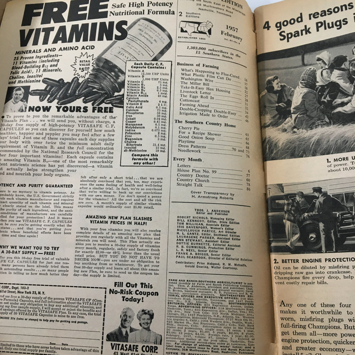 Interior page of the February 1957 issue of VTG Farm and Ranch Magazine featuring an advertisement for free vitamins and listings for articles including 'Take-It-Easy Hen Housing', reflecting mid-century agricultural practices.