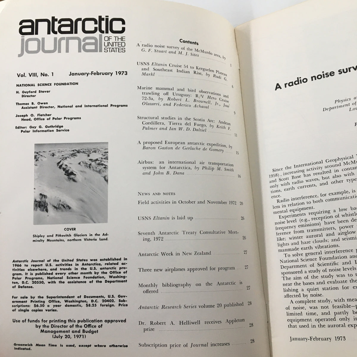 Inside content of the VTG Antarctic Journal of the United States January 1973, featuring articles on Antarctic exploration and scientific research.