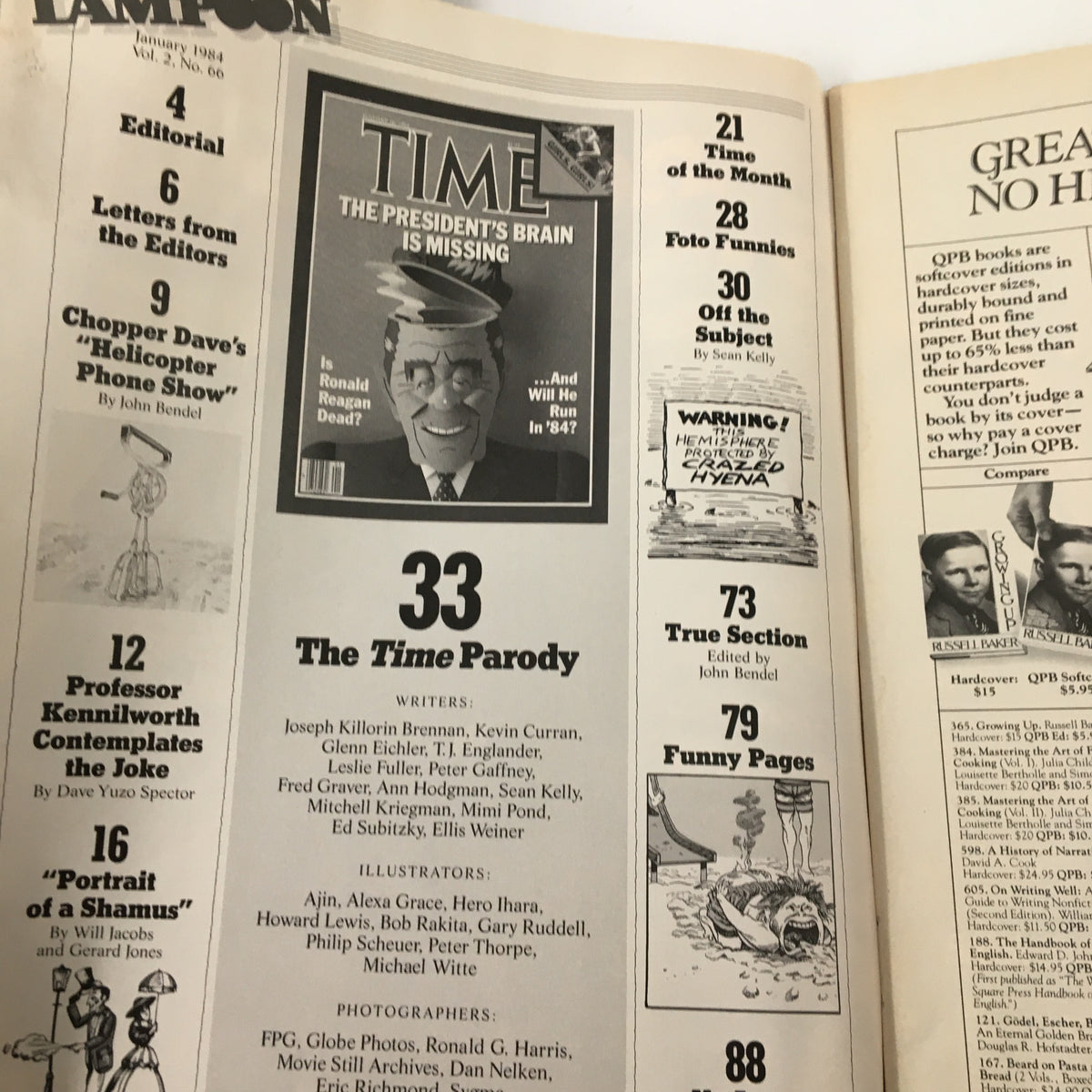 Interior page of Vintage National Lampoon Humor Magazine January 1984 highlighting various sections including a parody of TIME magazine, showcasing the magazine's humor and content layout.