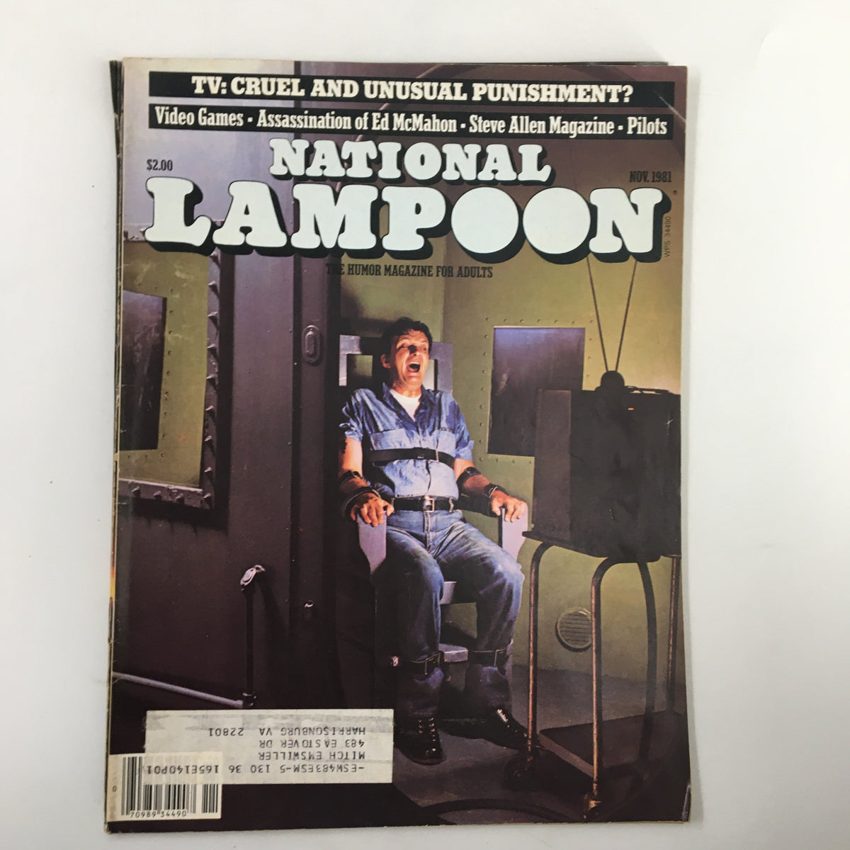 Cover of Vtg National Lampoon Humor Magazine November 1981 featuring the theme 'TV: Cruel and Unusual Punishment.' The cover showcases a dramatic illustration with a man strapped to a chair, emphasizing the satirical content within.