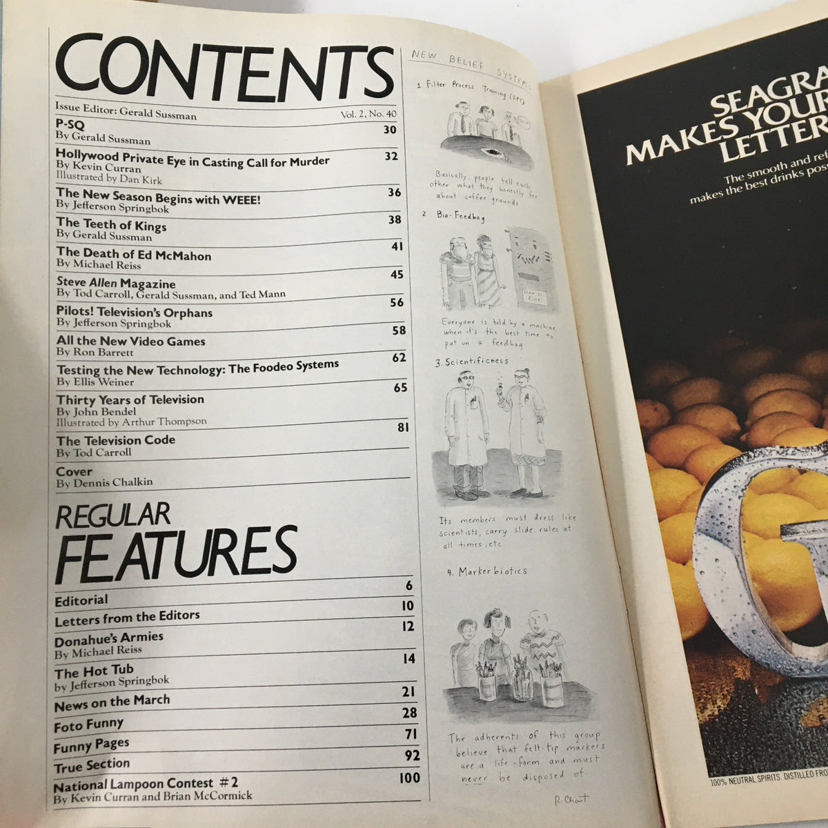 Contents page of Vtg National Lampoon Humor Magazine November 1981, detailing articles and features including topics on television, humor, and pop culture. The layout includes titles and illustrations that reflect the magazine's comedic style.