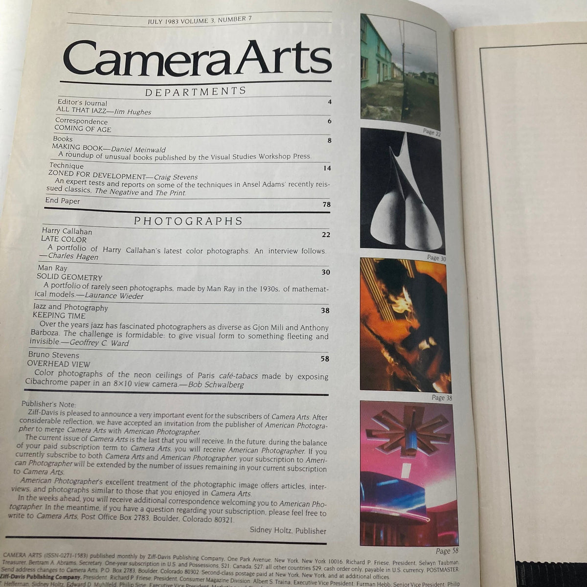 Inside page of the July 1983 issue of Camera Arts Magazine showing the table of contents with articles on photography, including works by Harry Callahan and Man Ray in the issue titled 'VTG Camera Arts Magazine July 1983 Hamiet Blueitt 1980 by Anthony Barboza'.