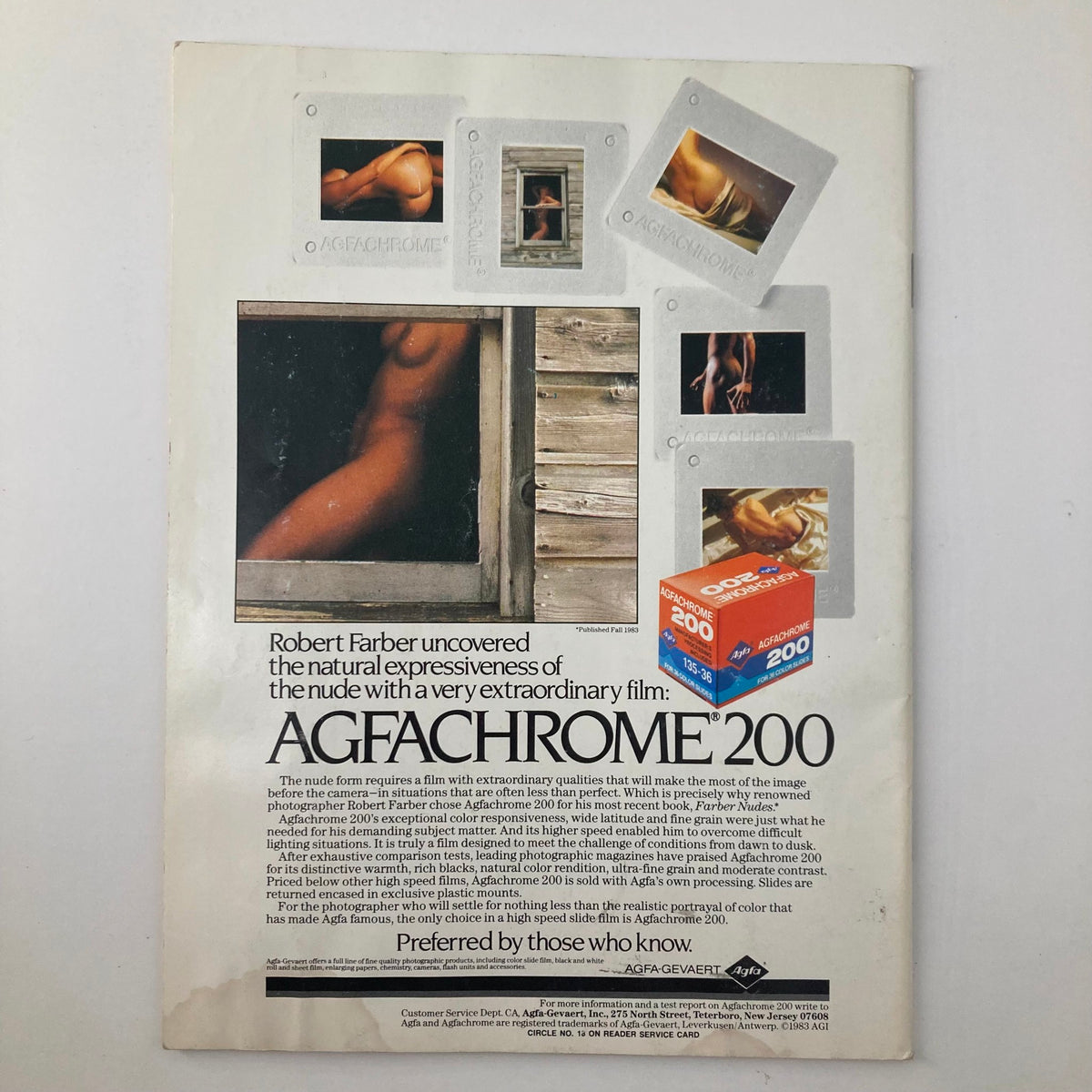 Back cover of the July 1983 issue of Camera Arts Magazine featuring an advertisement for AGFACHROME 200 film, emphasizing its qualities for capturing the natural expressiveness of the nude, relevant to the theme 'VTG Camera Arts Magazine July 1983 Hamiet Blueitt 1980 by Anthony Barboza'.