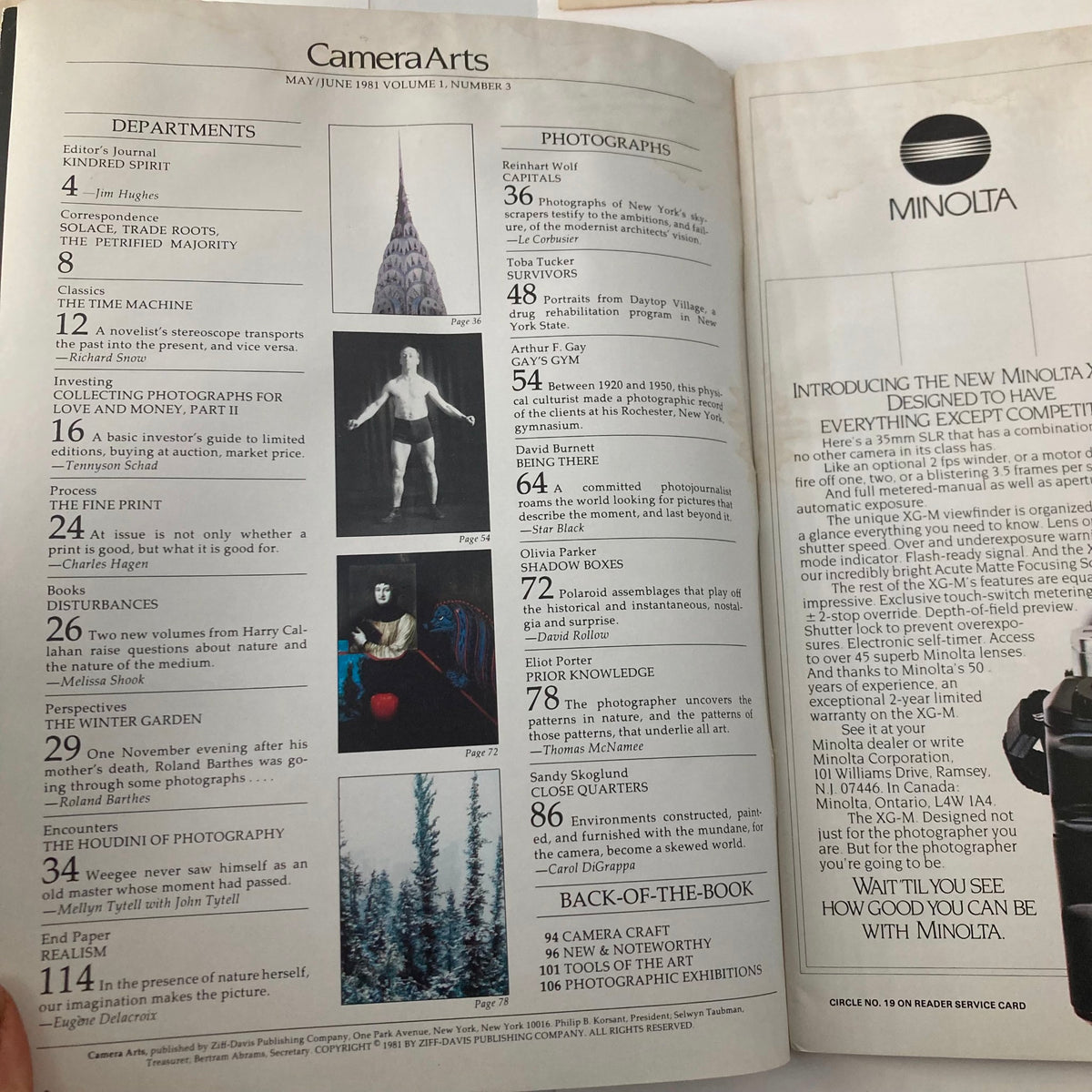 Inside page of Vintage Camera Arts Magazine, May 1981, displaying content sections including The Fine Print, and articles on photography and art.