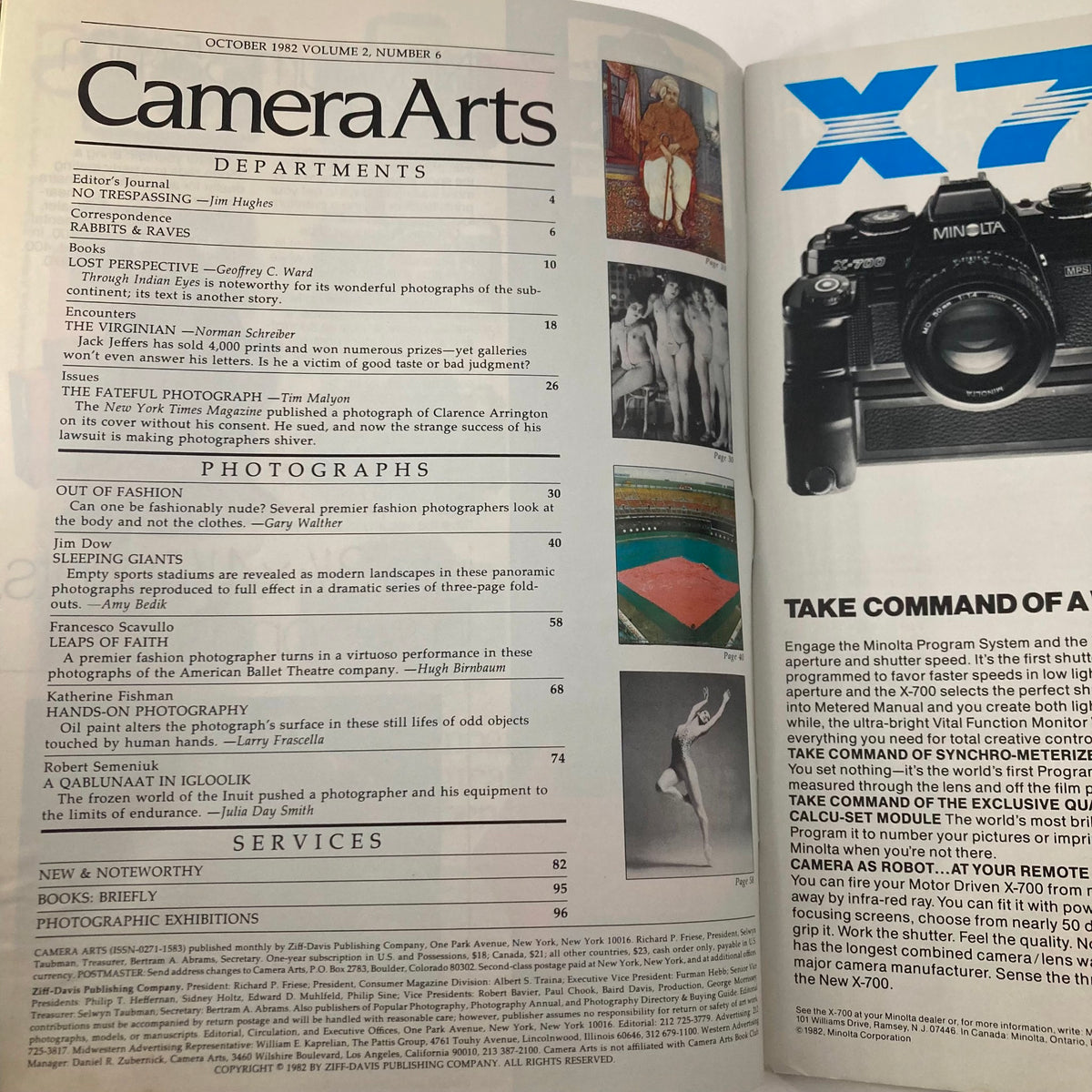 Inside spread of the VTG Camera Arts Magazine October 1982 showcasing photography articles and features, with a focus on the artistic contributions and insights from renowned photographers.