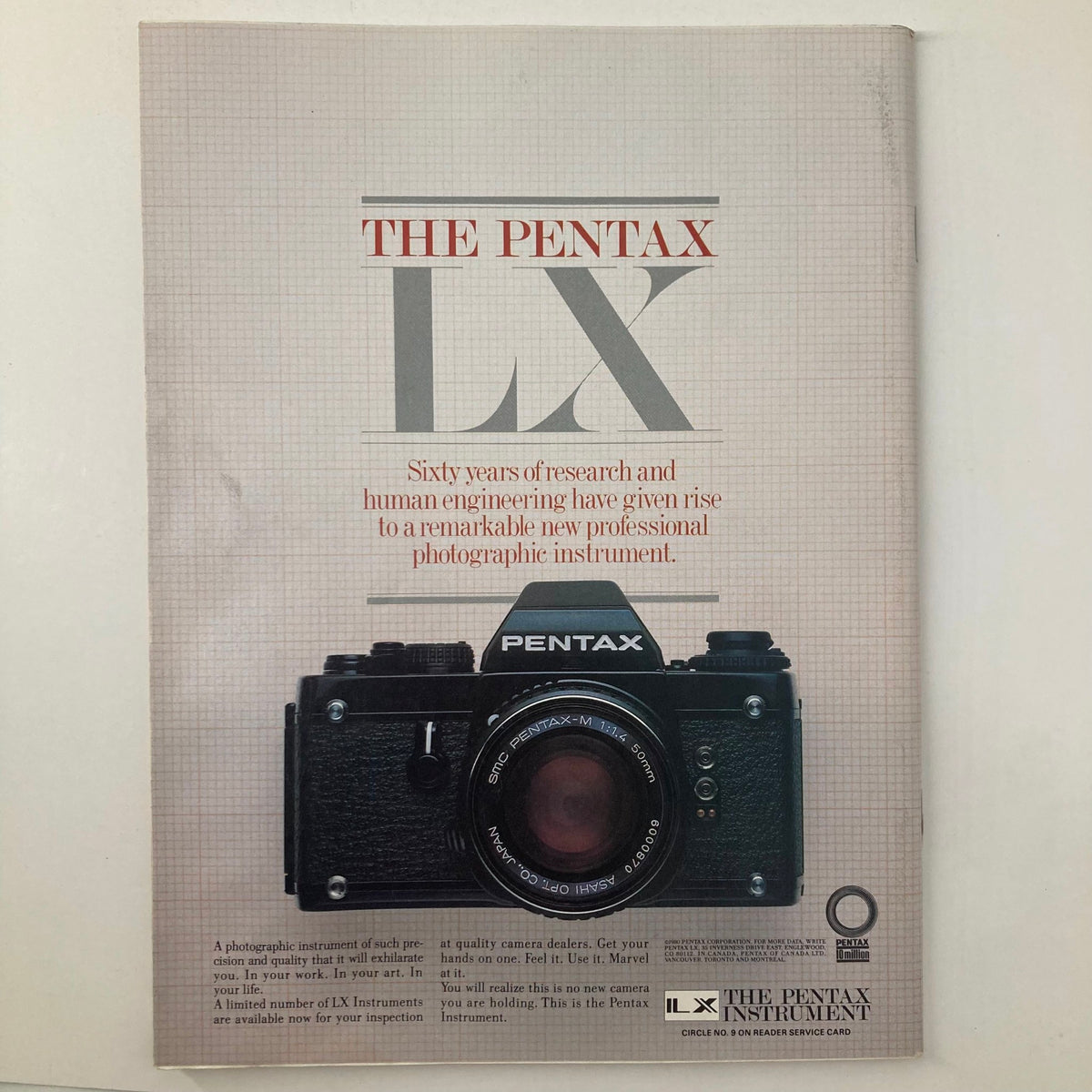 Back cover of the VTG Camera Arts Magazine October 1982 featuring the Pentax LX camera advertisement, highlighting its professional features and innovations in photography.