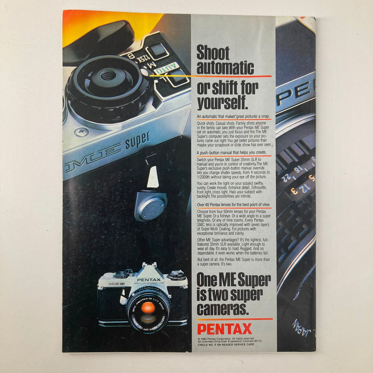 Vintage advertisement for Pentax ME Super camera featured in VTG Camera Arts Magazine November 1982, showcasing camera features and highlighting the dual functionality of the device.