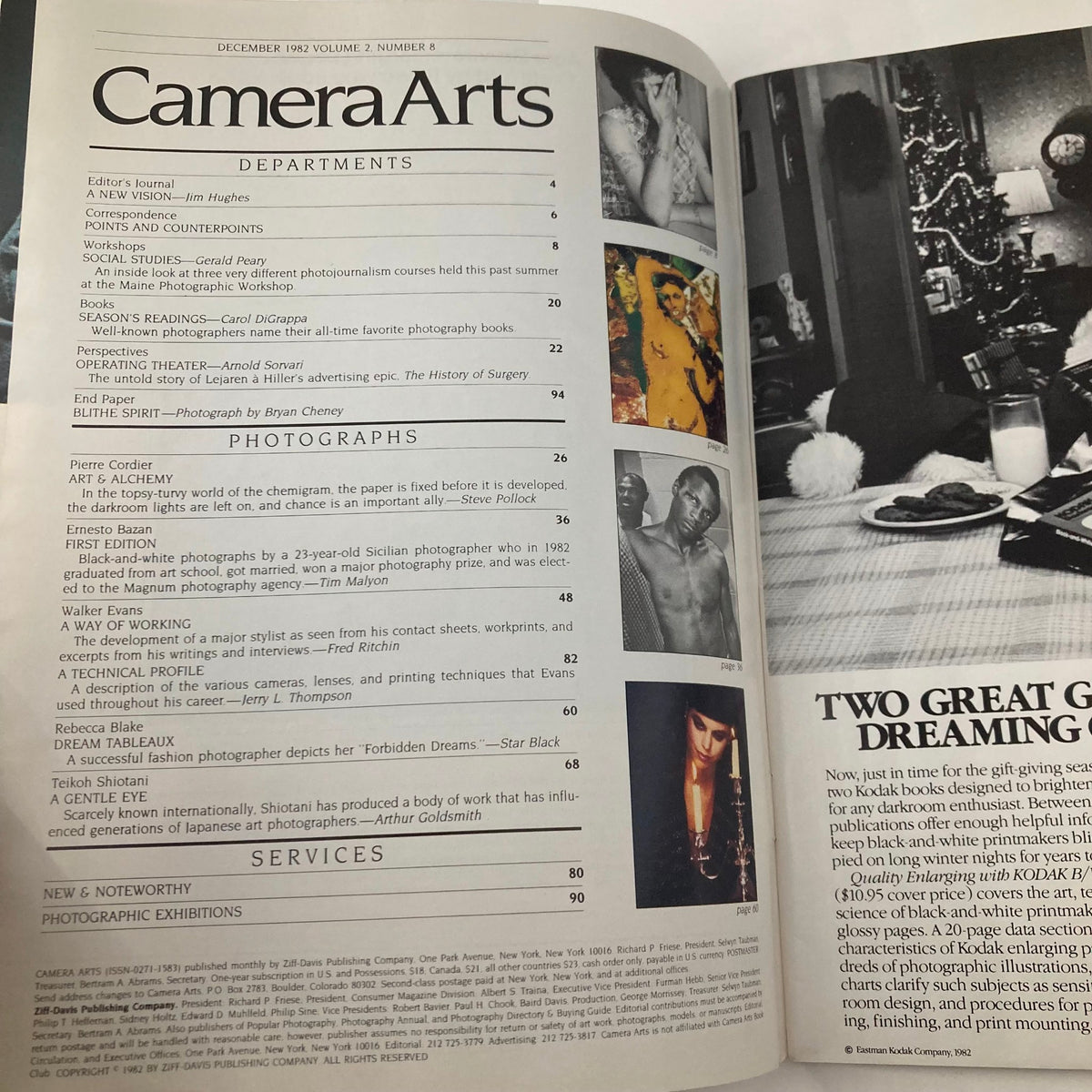 Camera Arts Magazine December 1982, showcasing articles and features on photography, including a section on Pierre Cordier's homage to Man Ray. The image displays the magazine's table of contents highlighting various photography topics and contributors.
