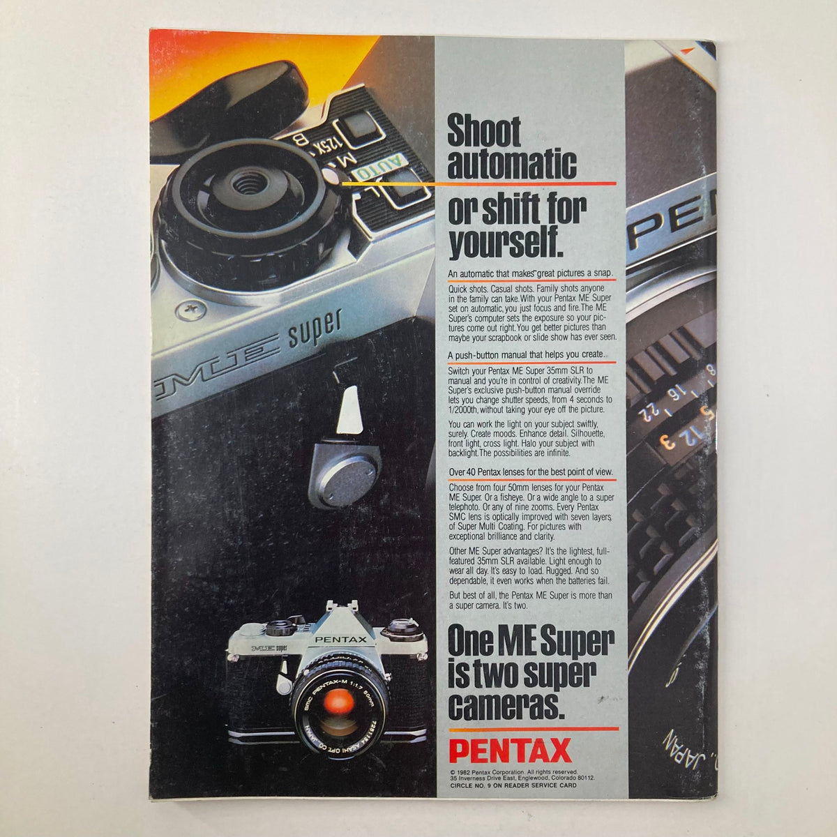Camera Arts Magazine December 1982 includes an advertisement for the Pentax ME Super camera, illustrating the features and capabilities of the model to appeal to photographers. This vintage ad complements the magazine's focus on photography.