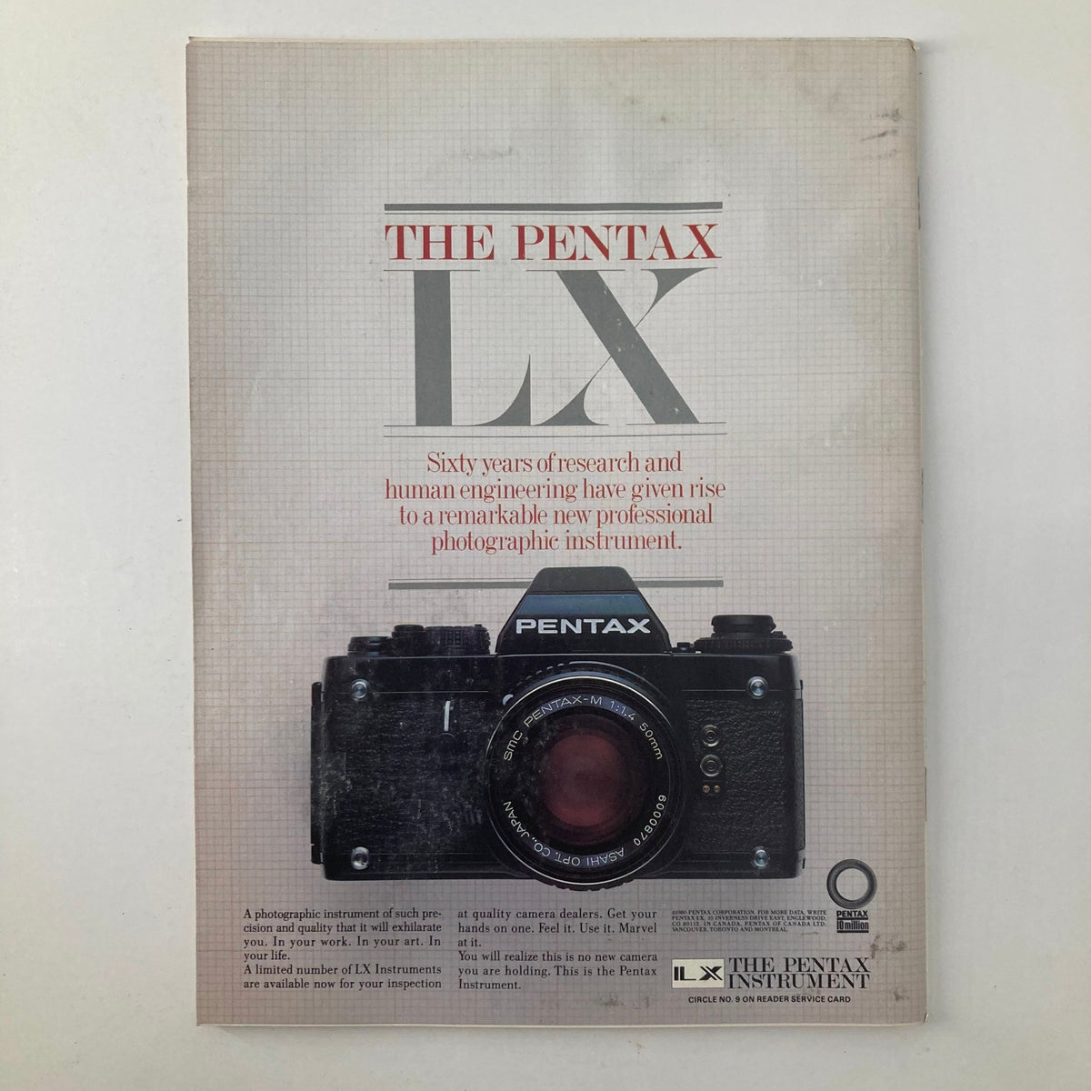 Vintage advertisement featuring the Pentax LX camera, highlighting its professional photographic capabilities, from the Camera Arts Magazine January 1982 Special Foldout.