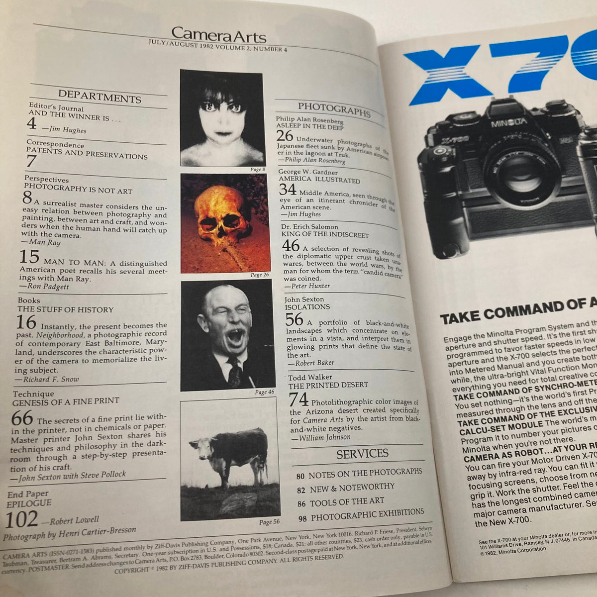 Inside page of VTG Camera Arts Magazine July 1982 displaying contents, including Philip Alan Rosenberg's article 'Asleep in the Deep' and other photography features.