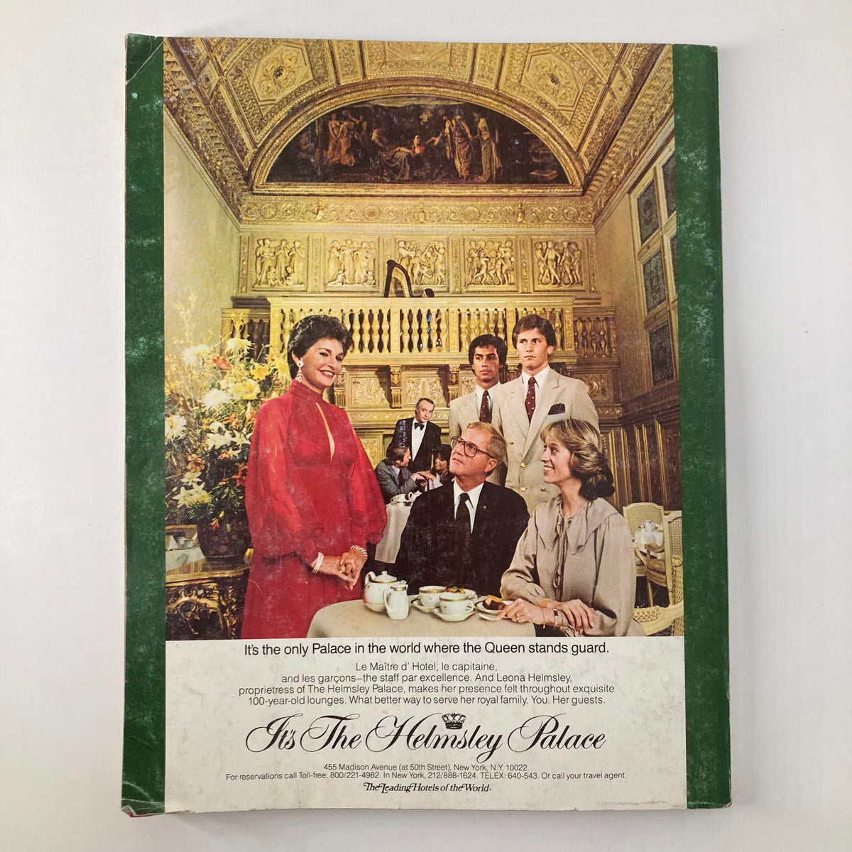 Back cover of Vintage Vanity Fair Magazine March 1983 depicting people in a lavish setting with a promotional message for The Helmsley Palace hotel.