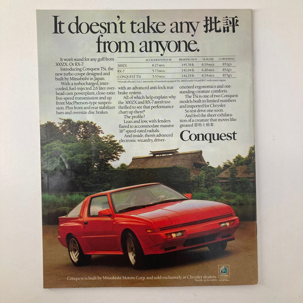 Advertisement for Conquest TSI car in vintage style, highlighting specifications and performance features, featured in Hippocrates The Magazine of Health & Medicine May 1987.