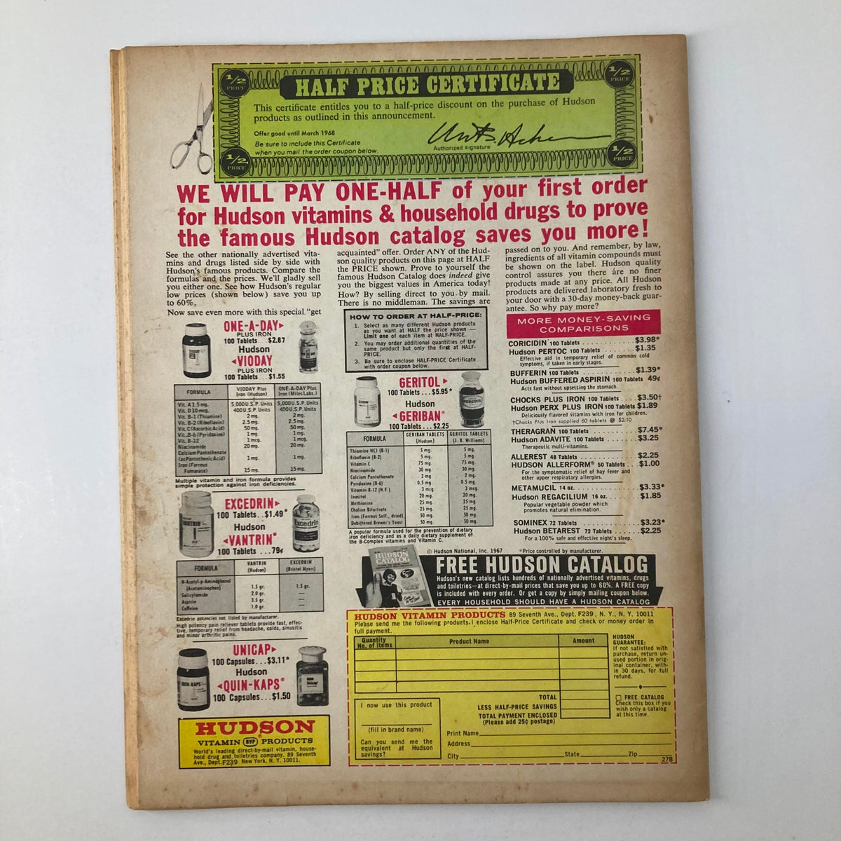 Back cover of VTG Women's Circle Magazine November 1967 displaying advertisements for Hudson vitamin products and a half-price certificate.