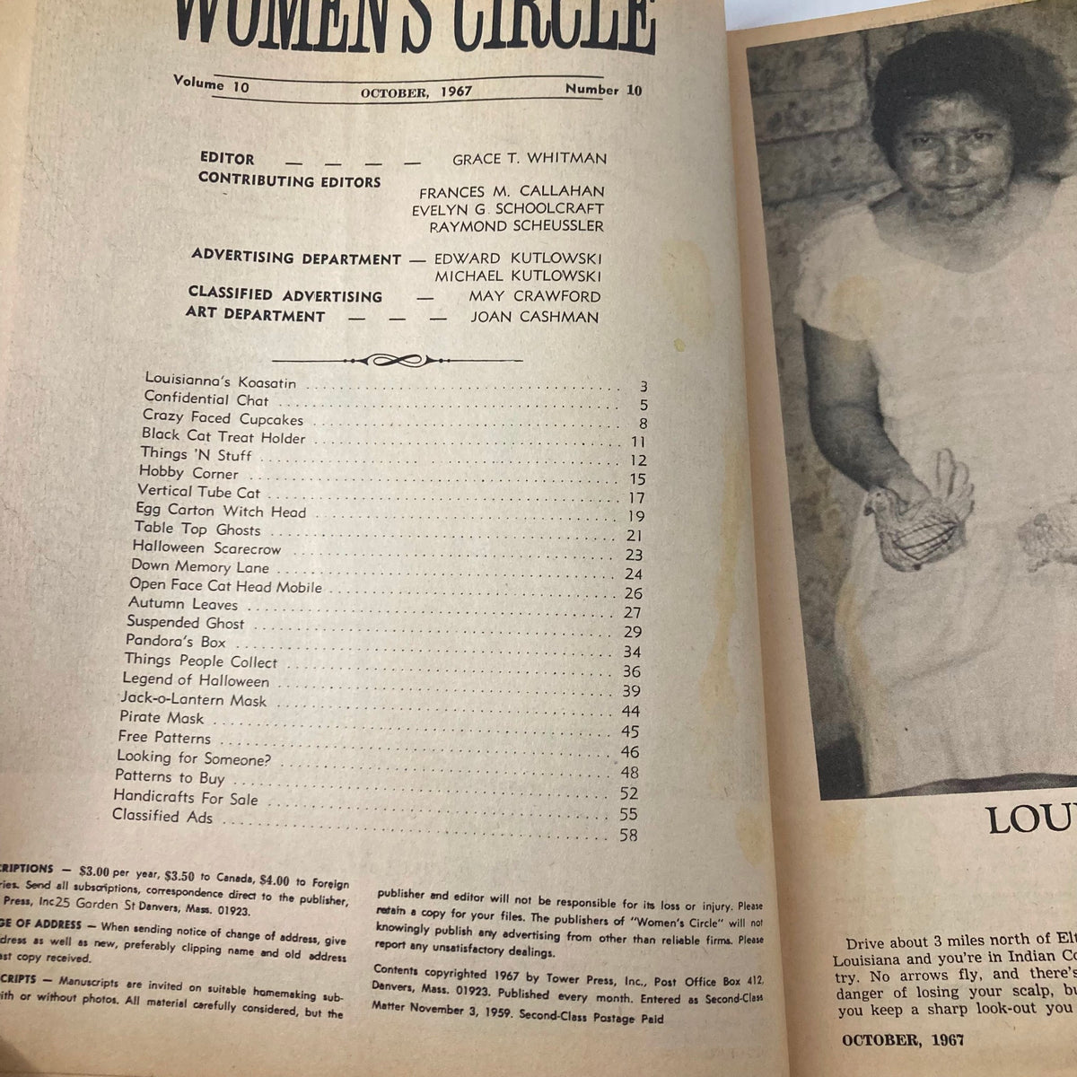 Inner first page of VTG Women's Circle Magazine October 1967 displaying the table of contents and editorial details, capturing the essence of 1960s domestic life.