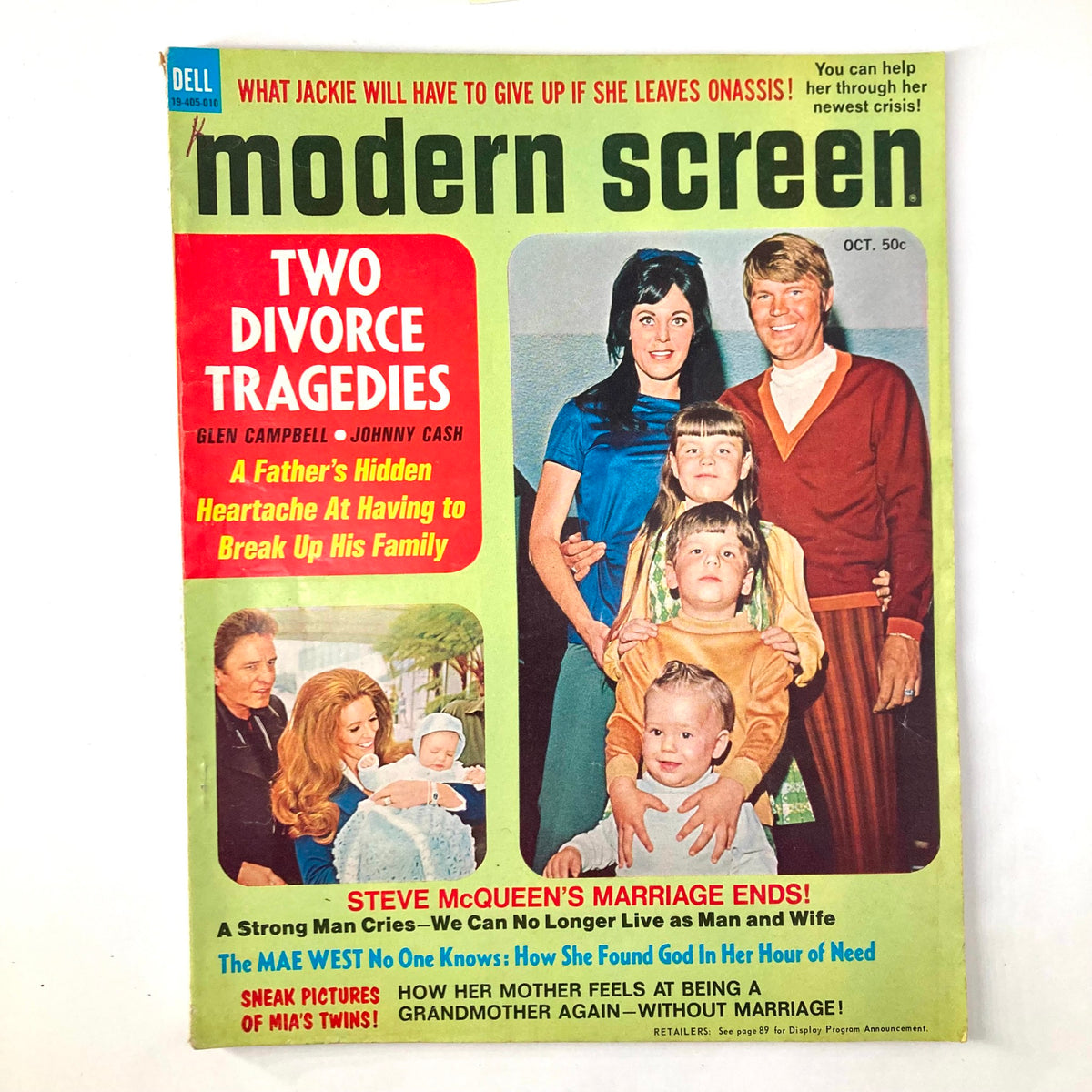 Cover of VTG Modern Screen Magazine from October 1970 featuring articles on Steve McQueen's marriage, Johnny Cash, and family tragedy, showcasing a family on the front along with eye-catching headlines.