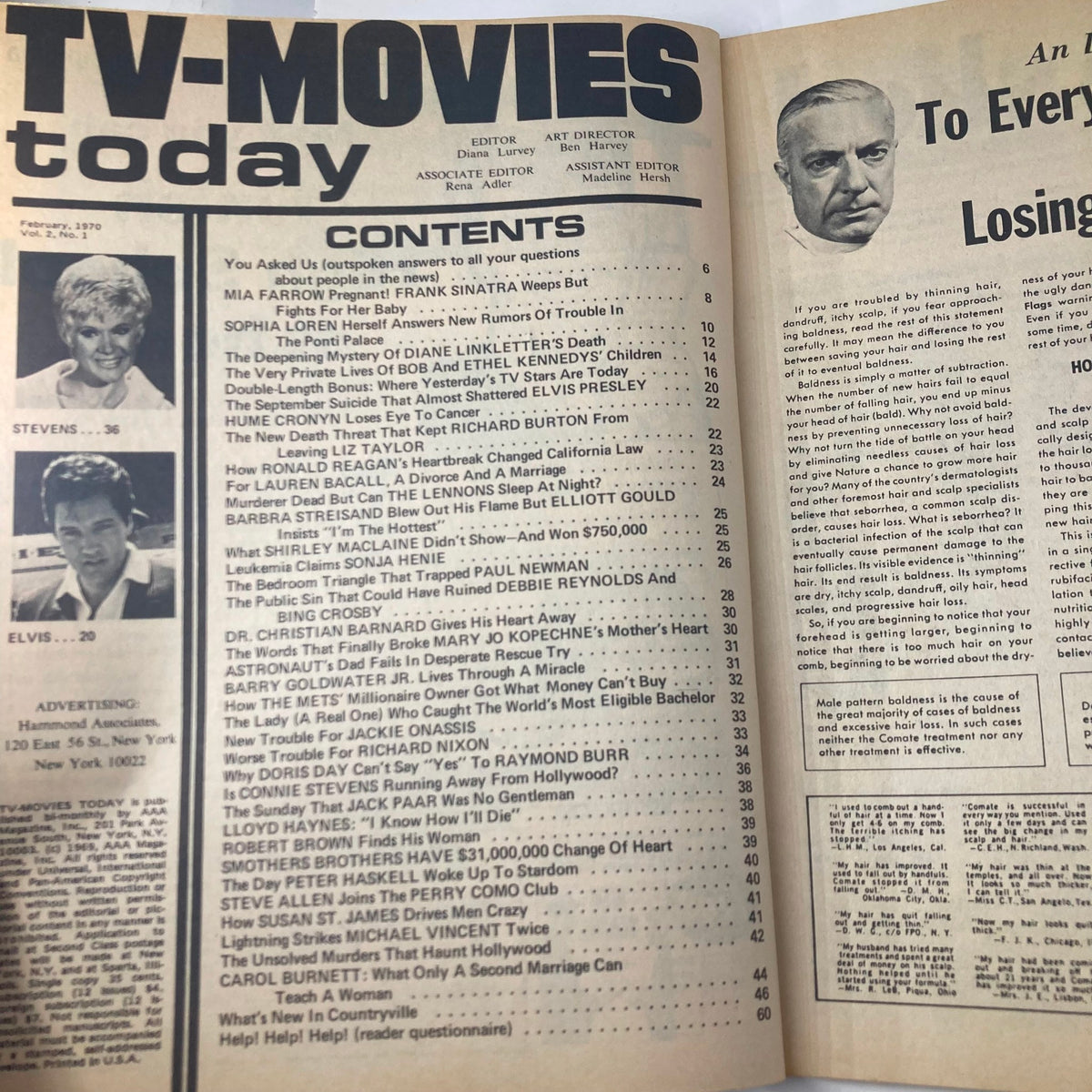 Interior page of the VTG TV-Movies Today Magazine February 1970, listing contents including notable celebrities and articles from the classic film era.