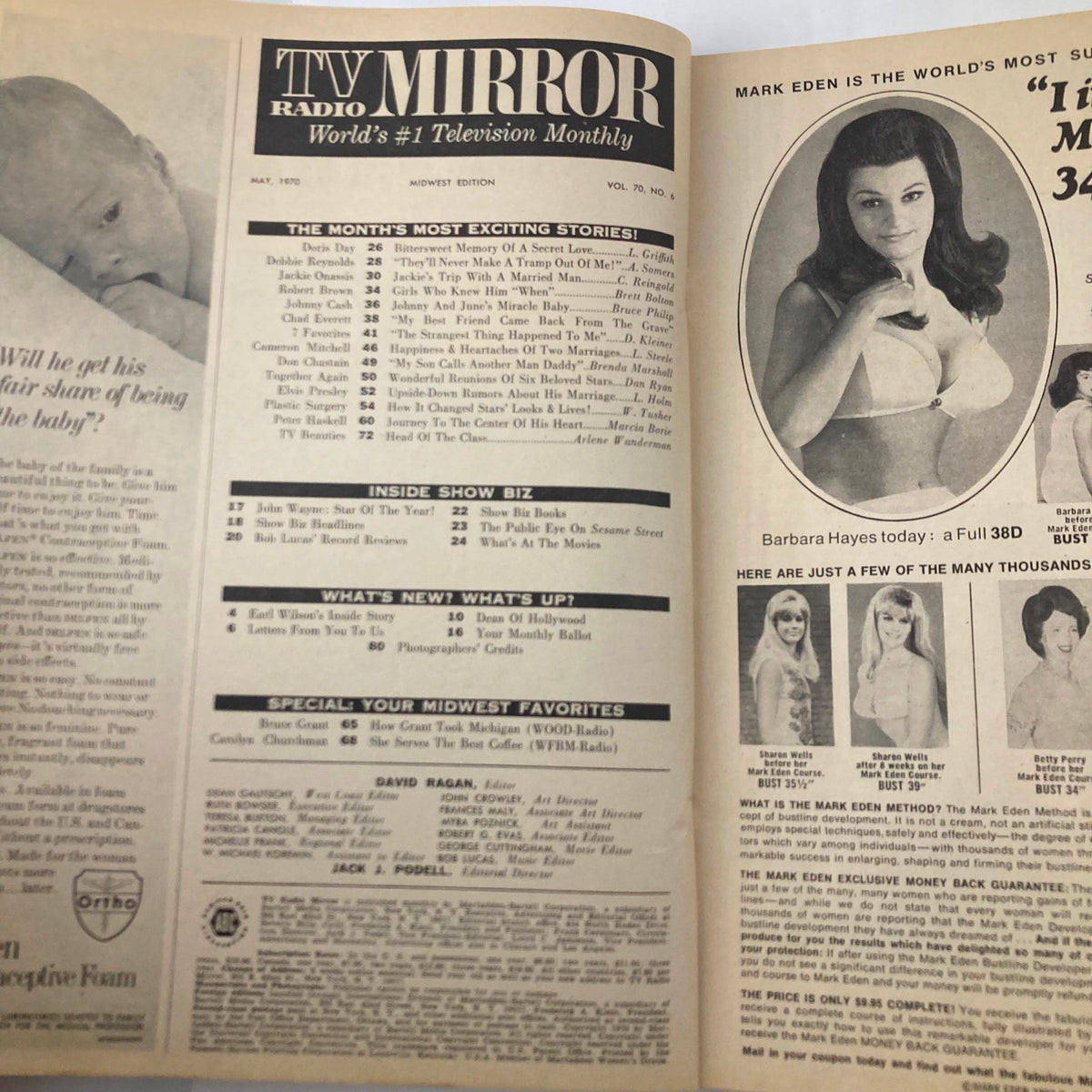 Inside pages of the May 1970 TV Radio Mirror Magazine, featuring articles and showbiz listings from the era of Johnny Cash and June Carter Cash.