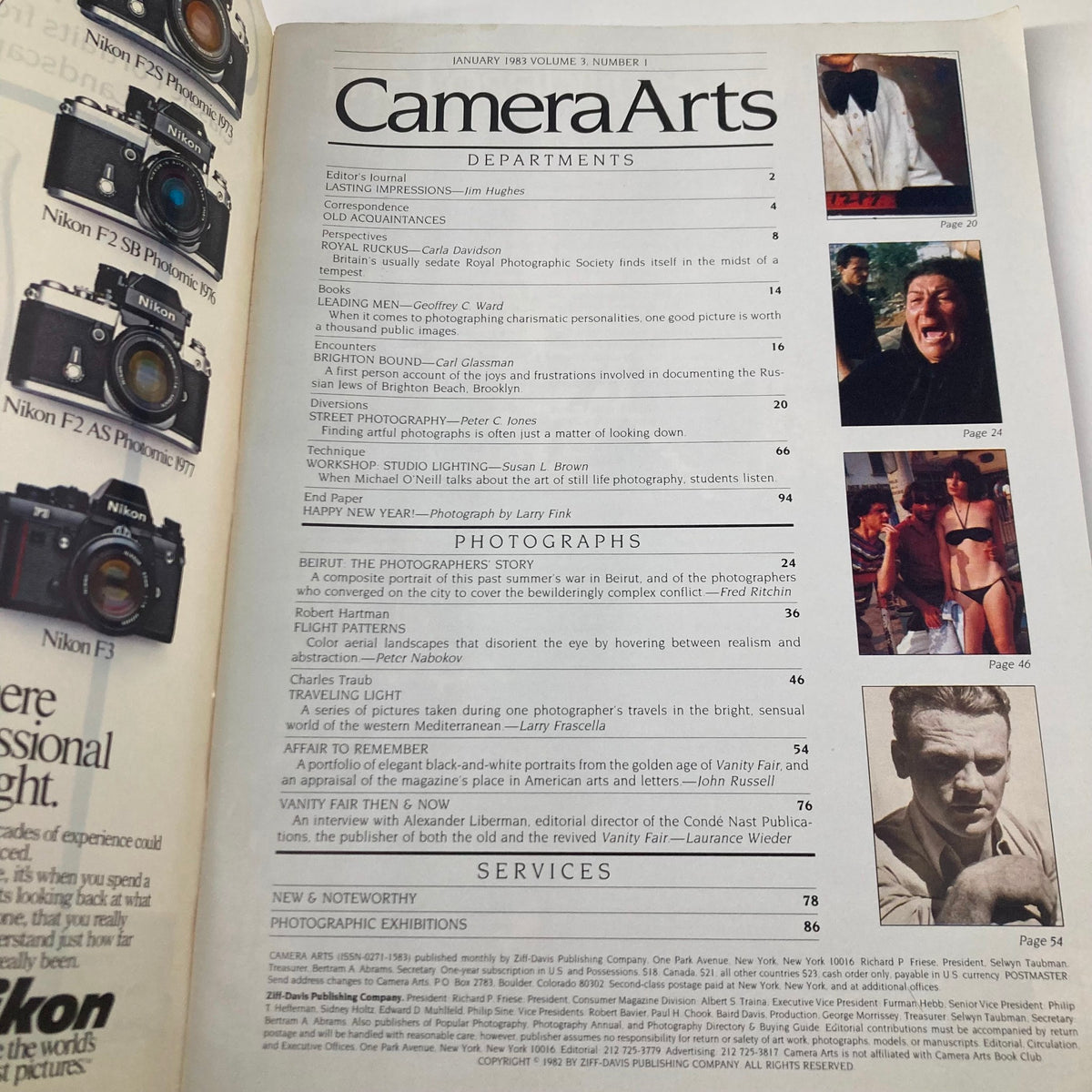 Interior page of Camera Arts Magazine January 1983 displaying the table of contents with photography topics and departments, emphasizing Color Landscapes Photographs from the Air.