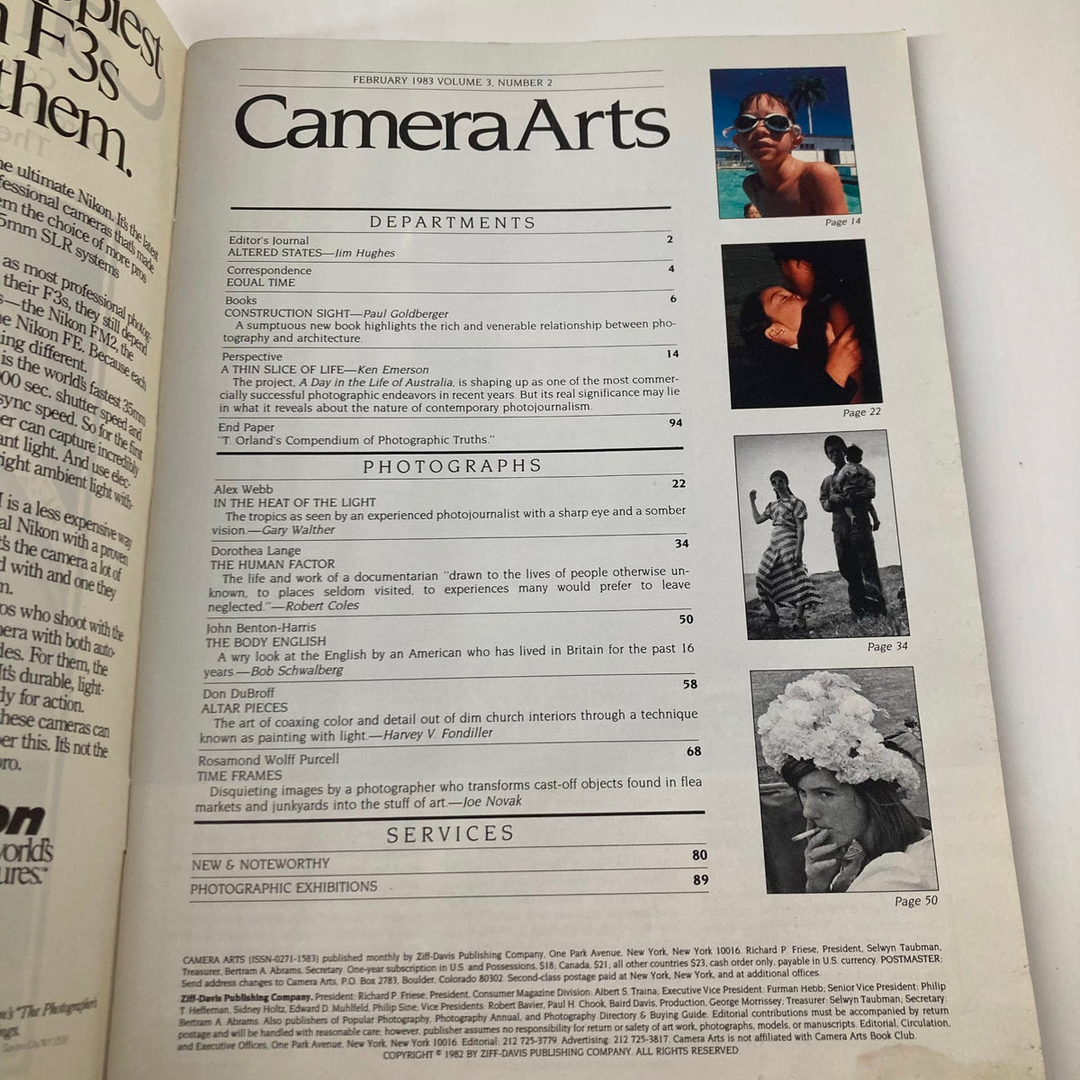 Table of contents from Camera Arts Magazine, February 1983. This page lists various articles and features, including insights on architectural photography, highlighting notable photographers and significant topics in the magazine.