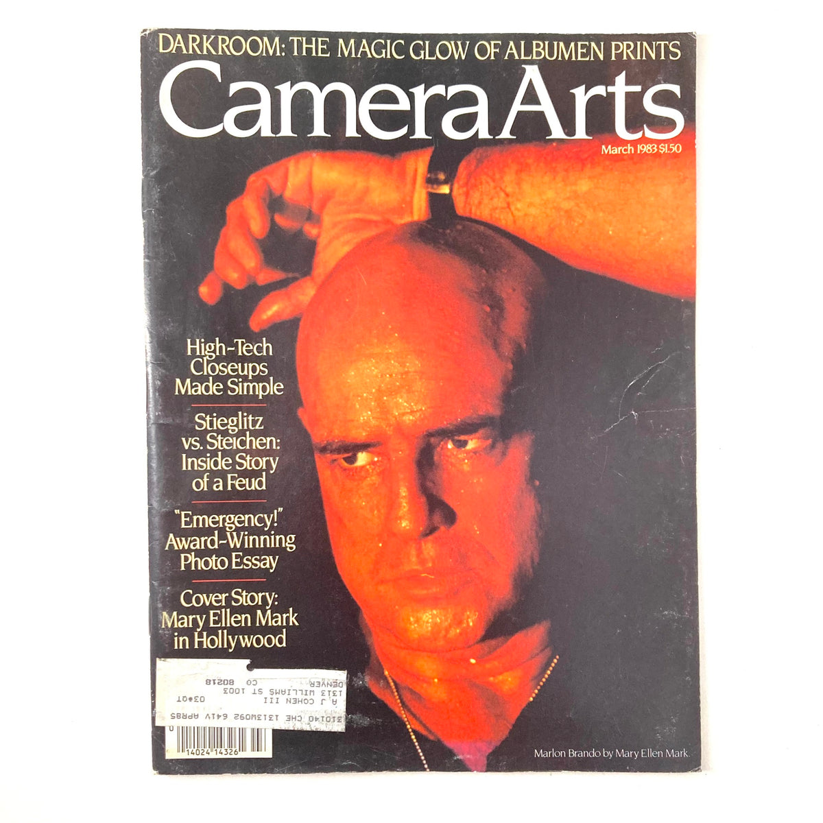 Cover page of Camera Arts Magazine March 1983 featuring Marlon Brando, photographed by Mary Ellen Mark, showcasing bold design and iconic portrait.