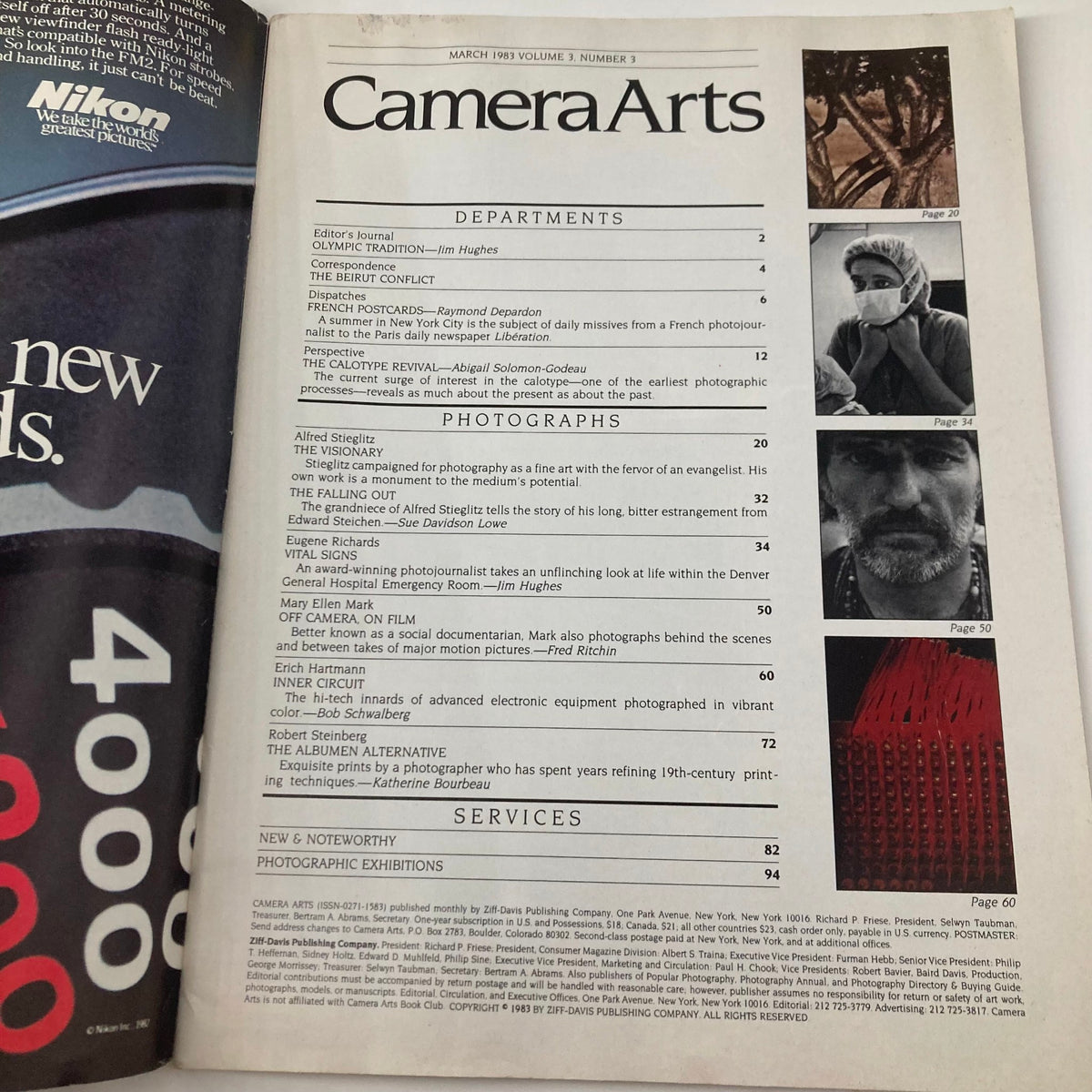 Contents page of Camera Arts Magazine March 1983, detailing articles and photography, including insights from Marlon Brando's feature.