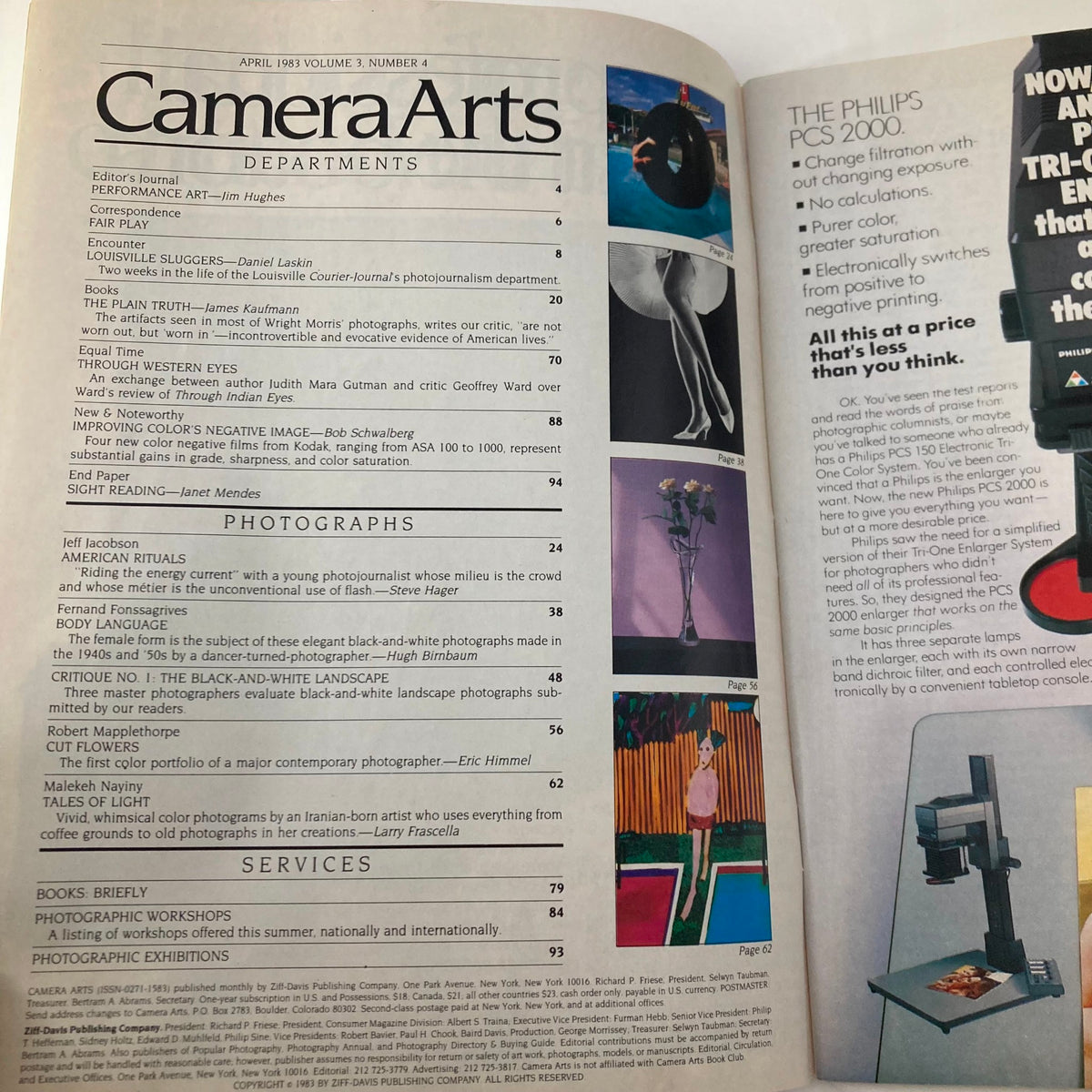 Interior page from VTG Camera Arts Magazine April 1983 displaying various departments, articles, and photographs with specific mentions of Fernand Fonssagrives and photographic techniques.