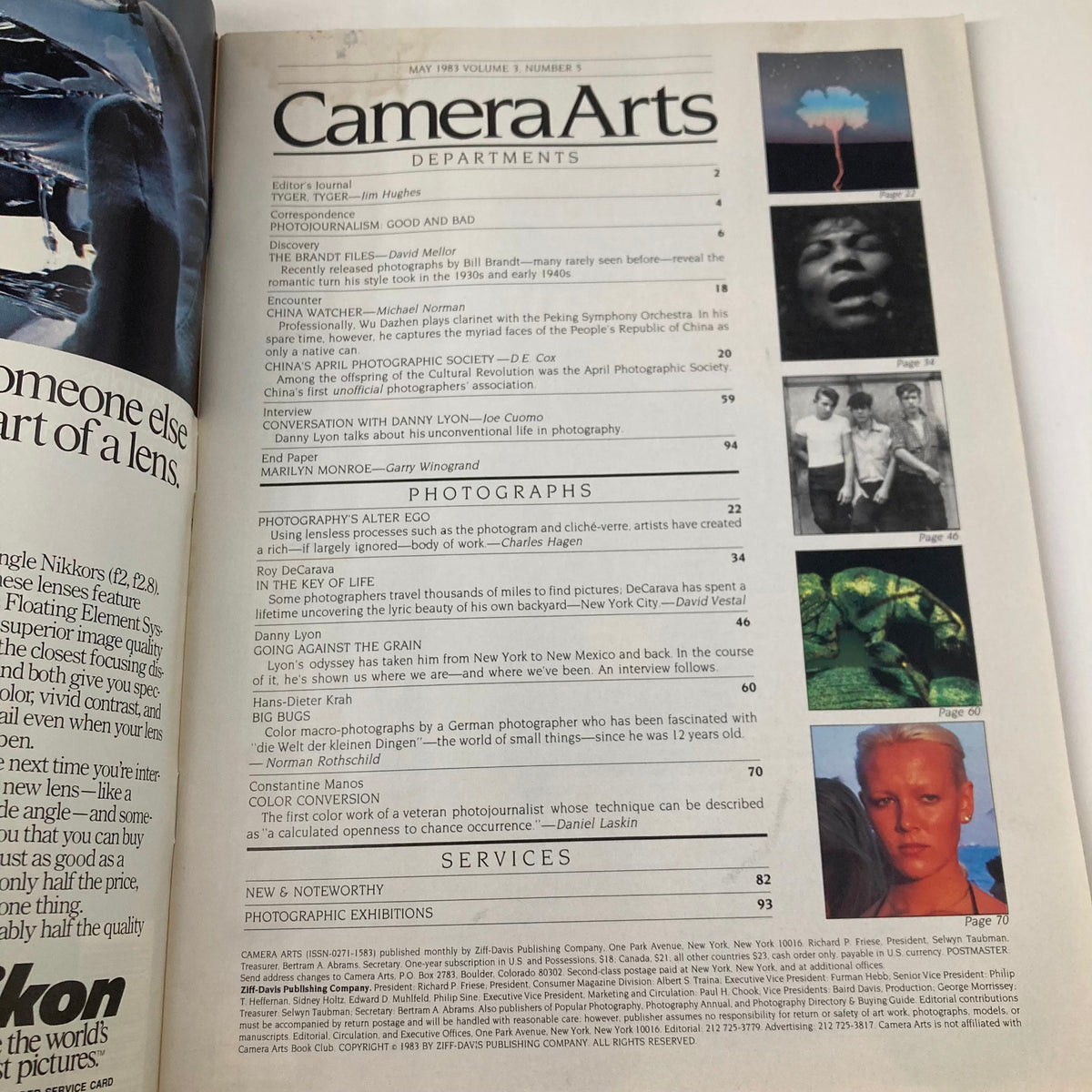 Contents page of Camera Arts Magazine May 1983, listing features including Hans-Dieter Krah's work and various photography articles.
