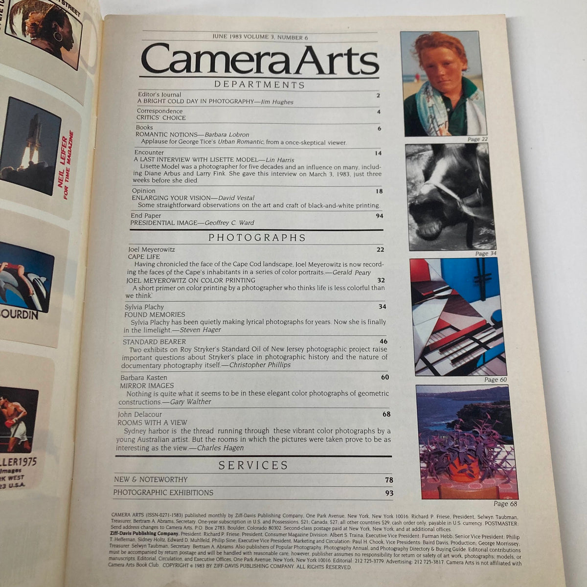 Interior page of Vintage Camera Arts Magazine June 1983 showing the table of contents, featuring various photography articles and sections.