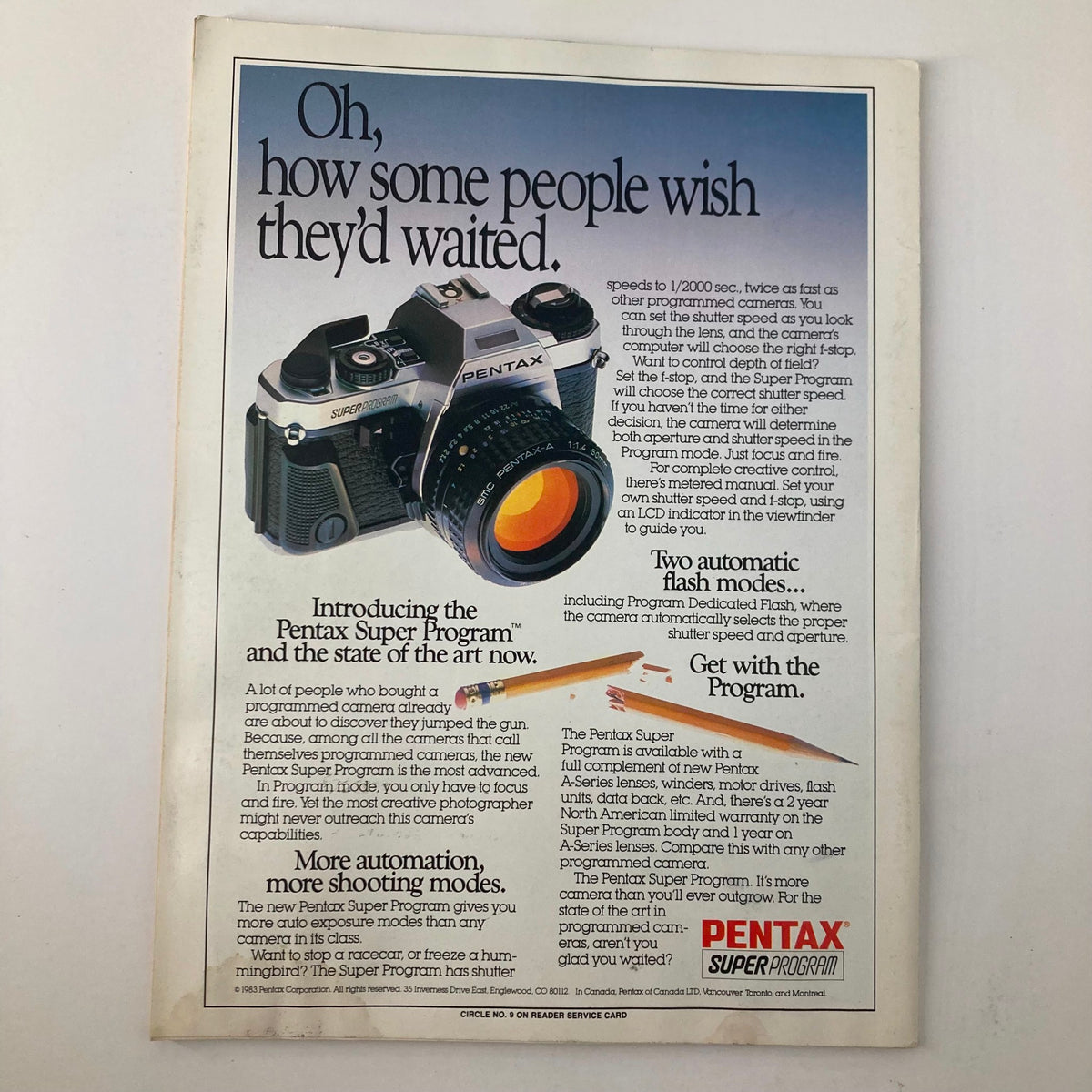 Advertisement page from Vintage Camera Arts Magazine June 1983 featuring the Pentax Super Program camera, highlighting its advanced features.