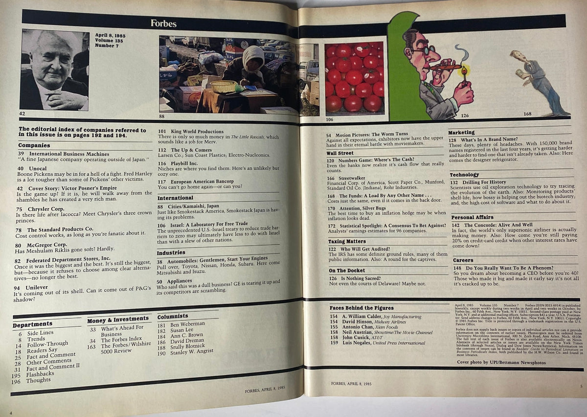 Pages of Forbes Magazine April 8, 1985 revealing the editorial index and coverage details including the article about Victor Posner.