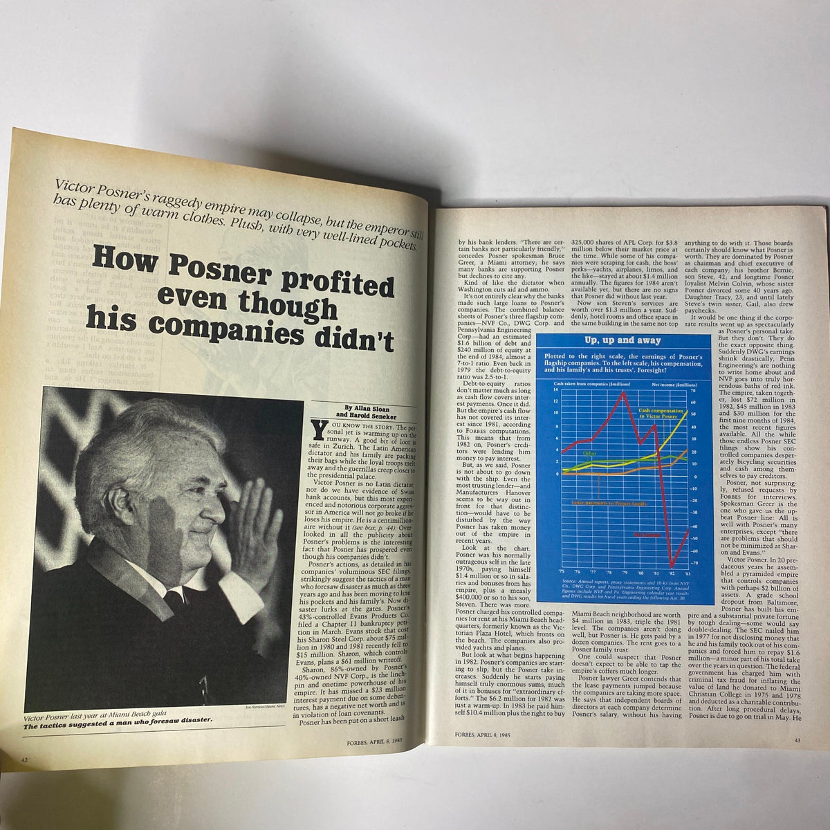 An article spread in Forbes Magazine from April 8, 1985 discussing Victor Posner, showcasing insights on his business dealings alongside a related graph.