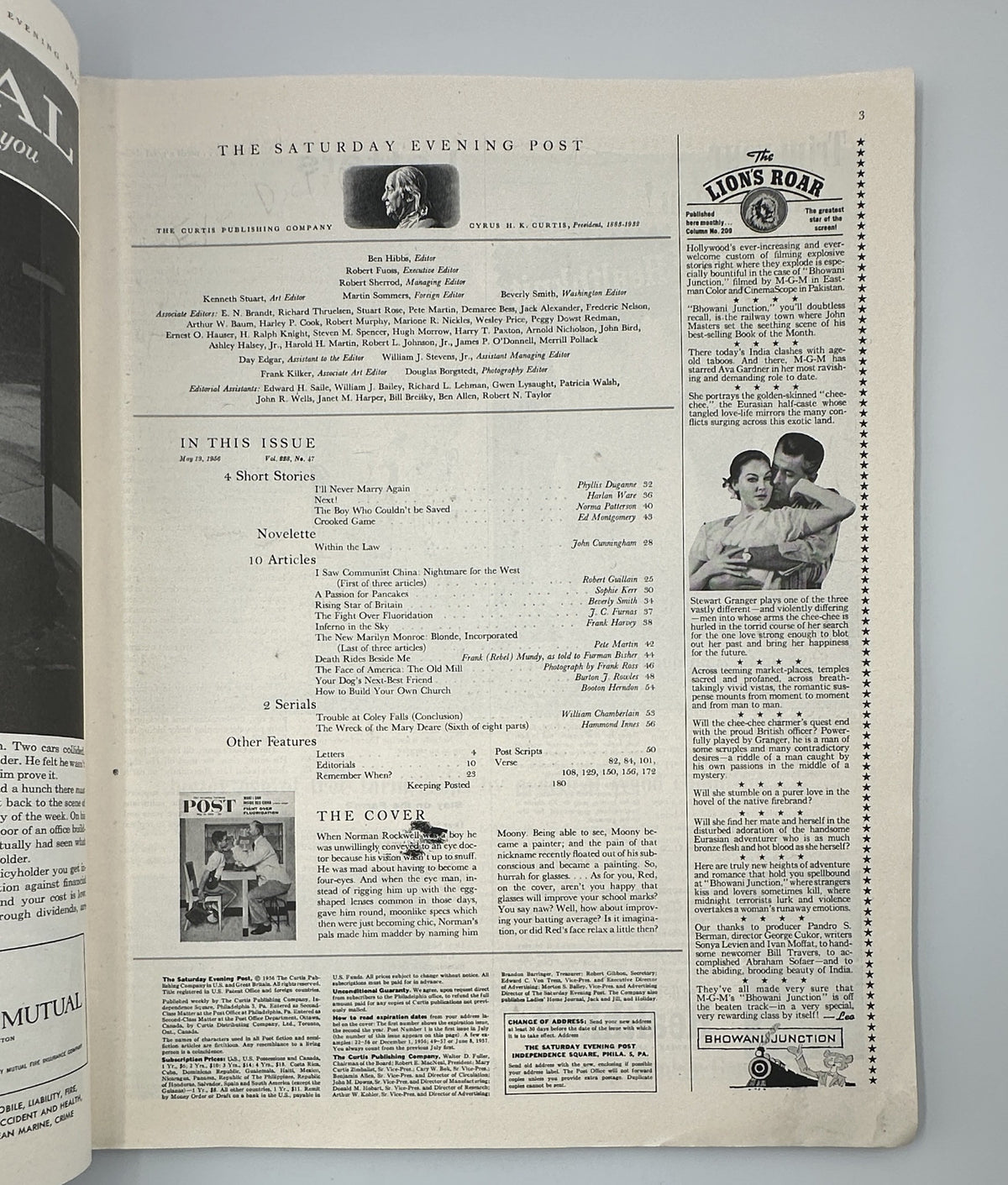 Interior page of the Saturday Evening Post Magazine May 19, 1956 showing the Table of Contents and articles including short stories and featured stories from the issue.